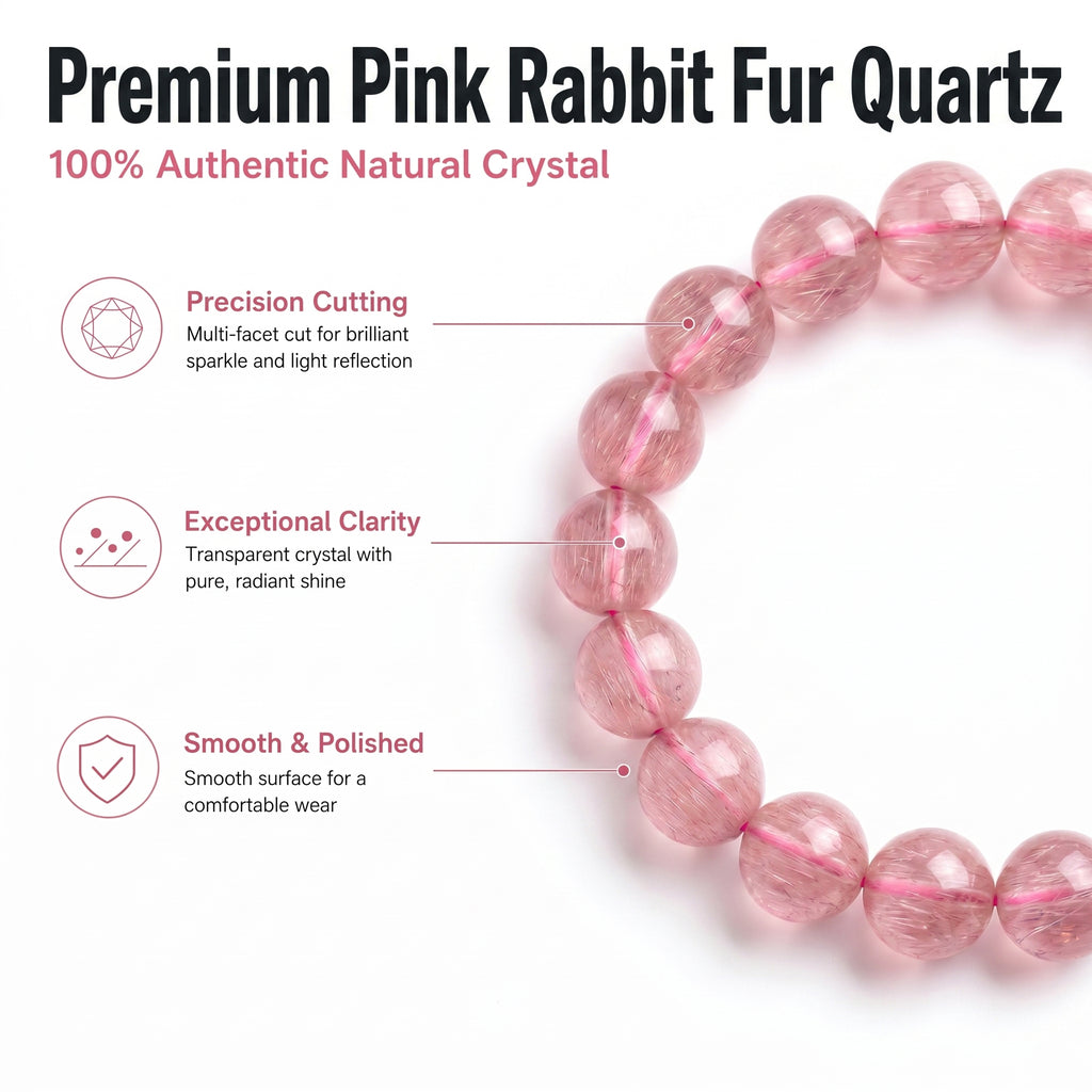 Premium Pink Rabbit Hair Quartz Beaded Bracelet | Hand-Polished Natural Gemstone Jewelry for Softness & Grace