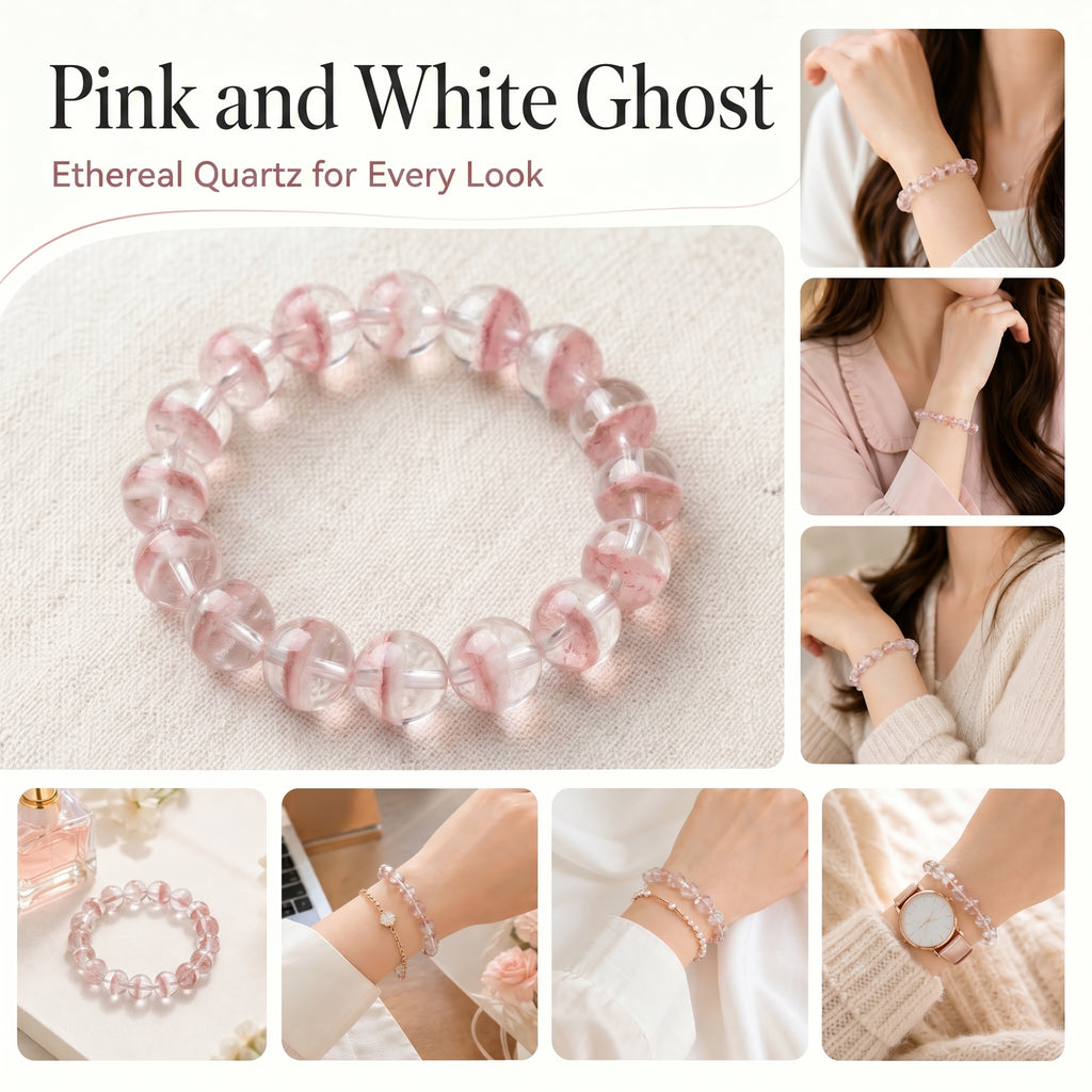 Premium Pink & White Phantom Beaded Bracelet | Hand-Polished Natural Gemstone Jewelry for Inner Peace & Clarity