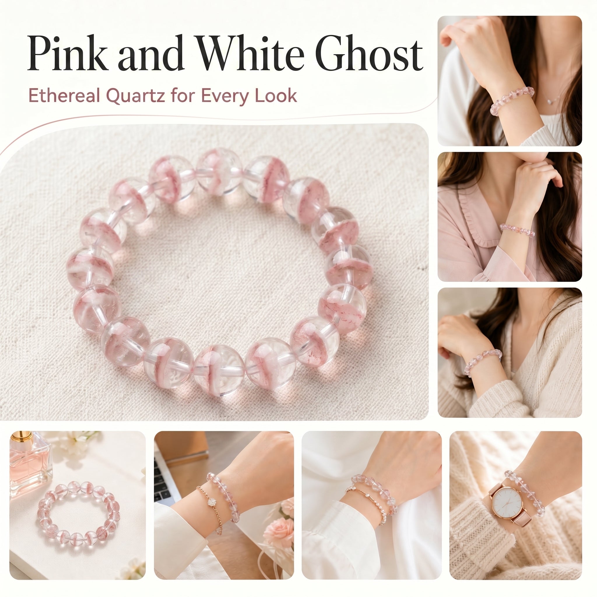 Premium Pink & White Phantom Beaded Bracelet | Hand-Polished Natural Gemstone Jewelry for Inner Peace & Clarity