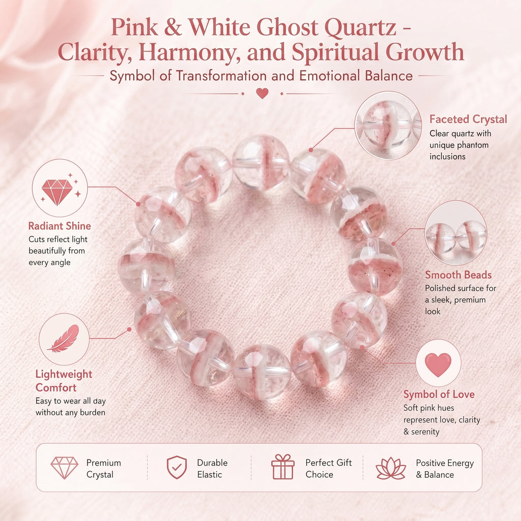 Premium Pink & White Phantom Beaded Bracelet | Hand-Polished Natural Gemstone Jewelry for Inner Peace & Clarity