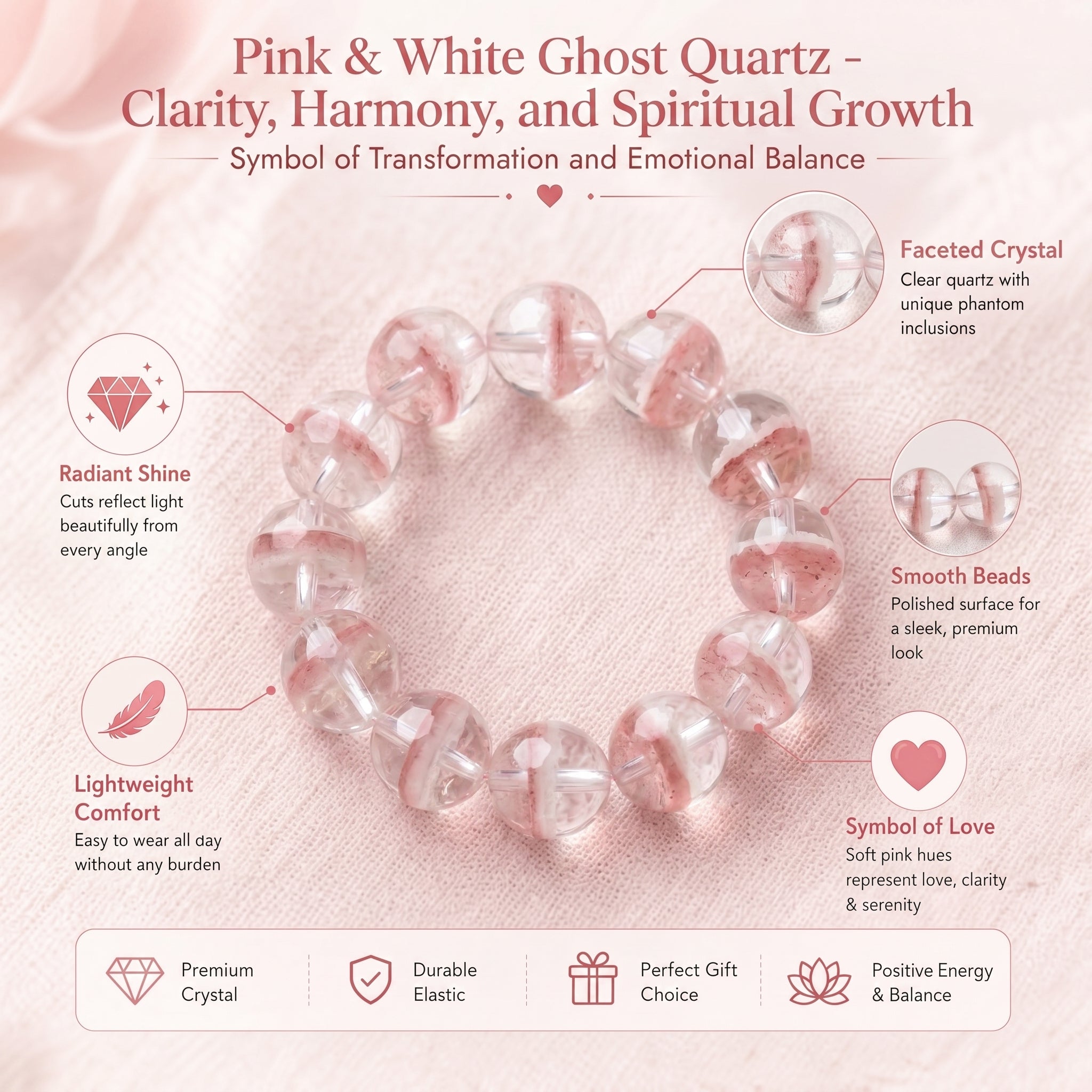 Premium Pink & White Phantom Beaded Bracelet | Hand-Polished Natural Gemstone Jewelry for Inner Peace & Clarity