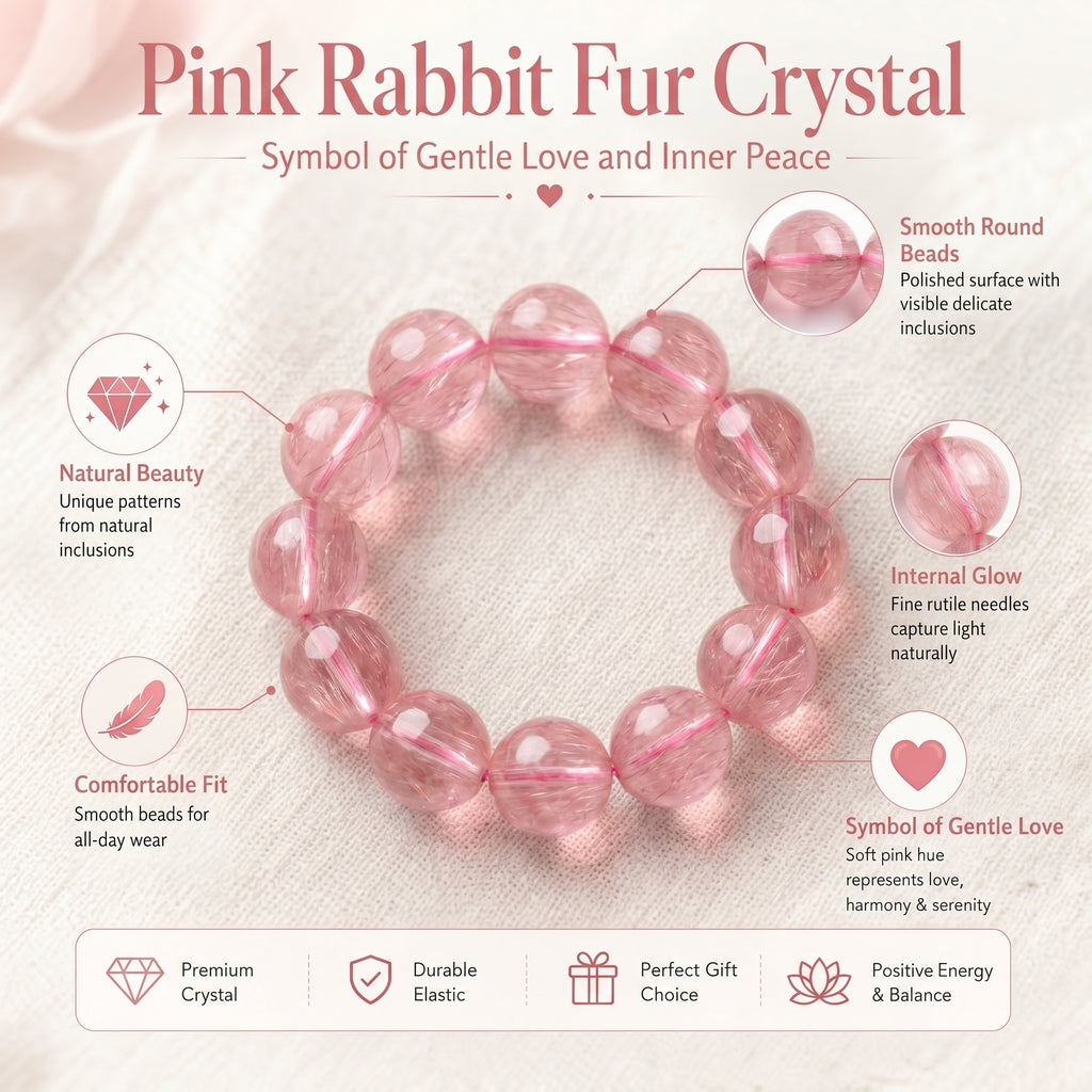 Premium Pink Rabbit Hair Quartz Beaded Bracelet | Hand-Polished Natural Gemstone Jewelry for Softness & Grace
