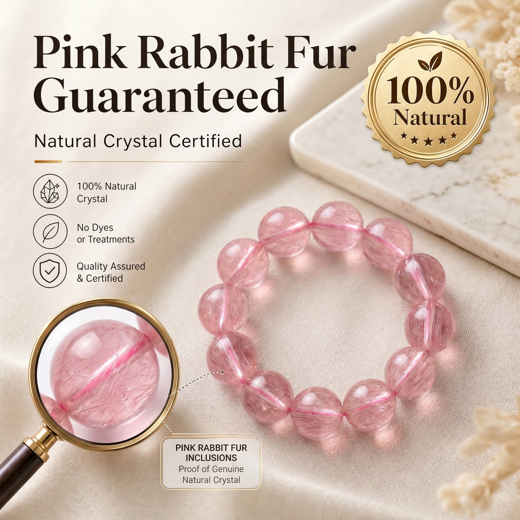 Premium Pink Rabbit Hair Quartz Beaded Bracelet | Hand-Polished Natural Gemstone Jewelry for Softness & Grace