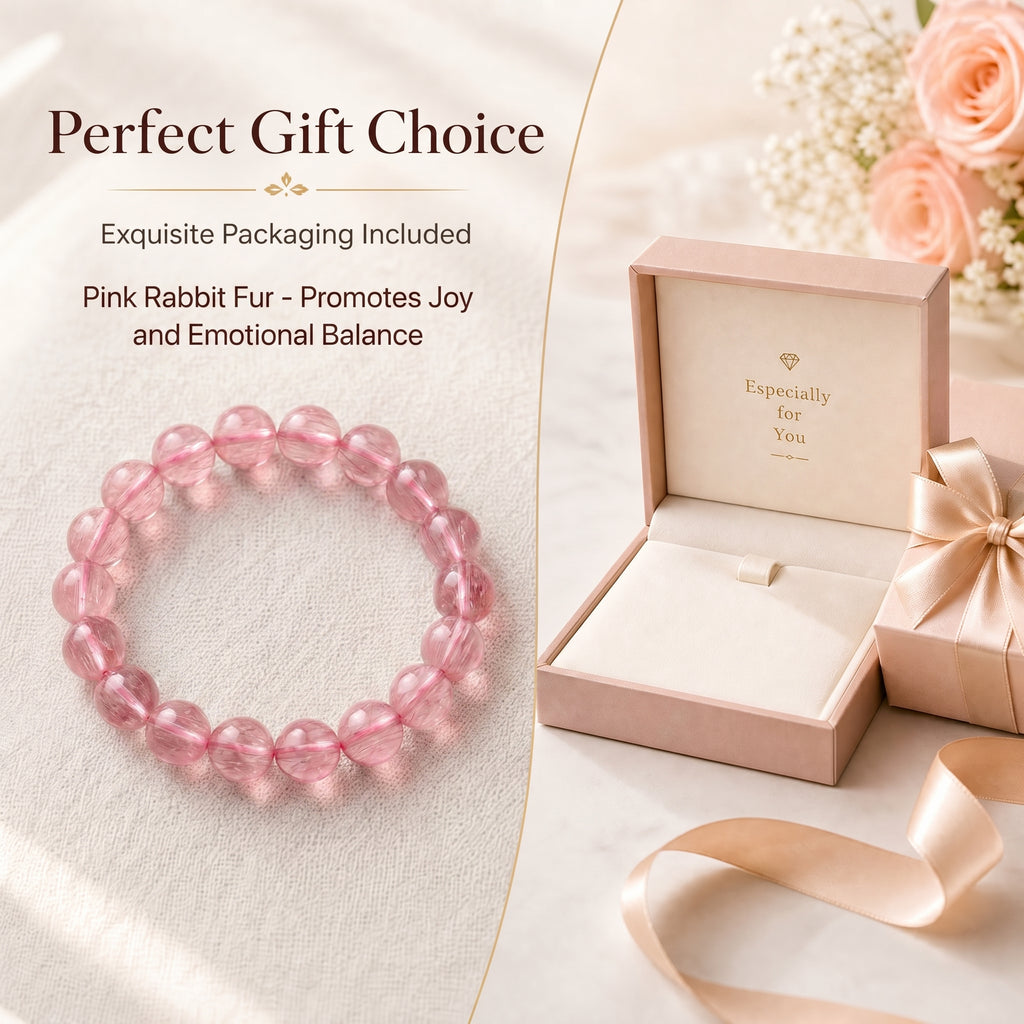 Premium Pink Rabbit Hair Quartz Beaded Bracelet | Hand-Polished Natural Gemstone Jewelry for Softness & Grace