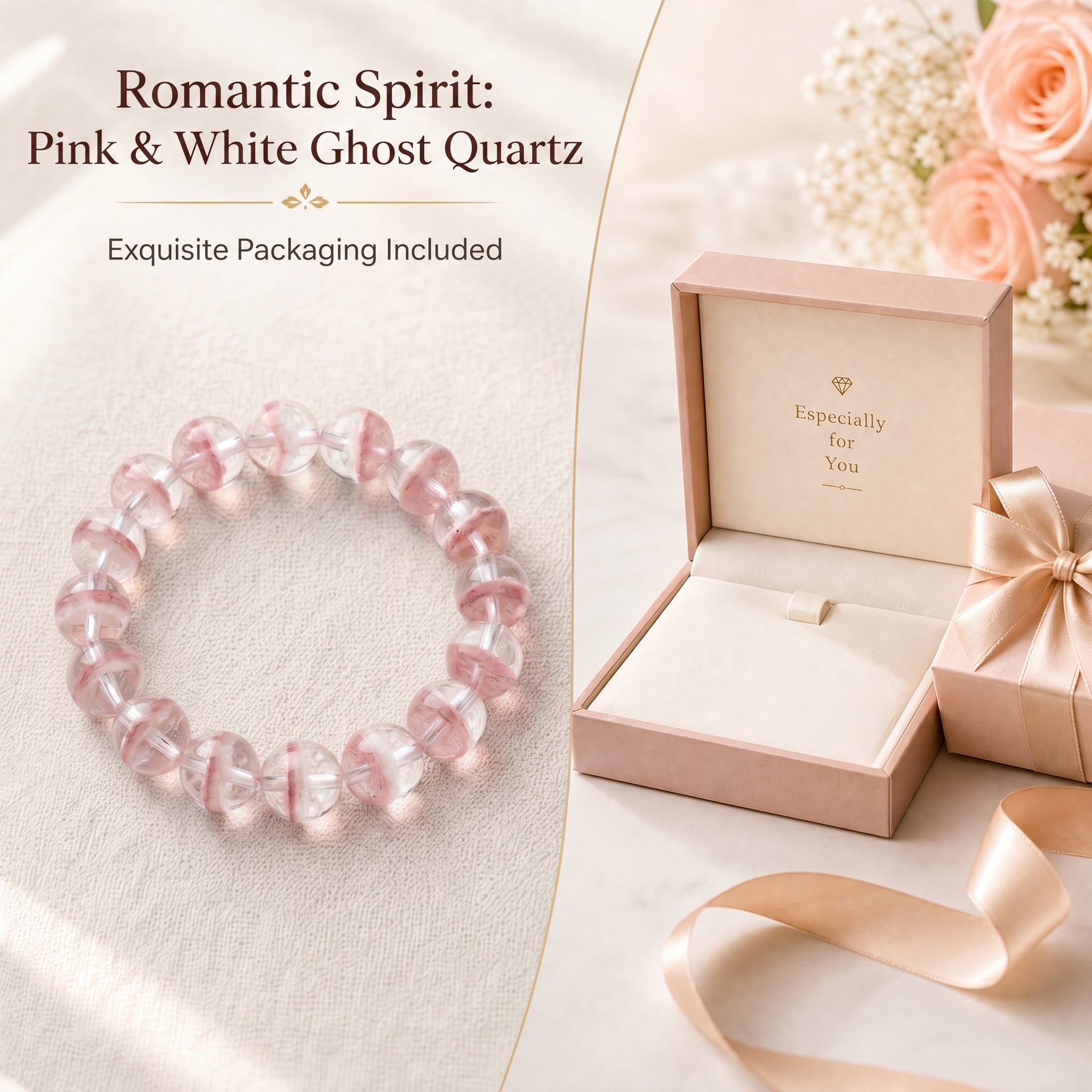 Premium Pink & White Phantom Beaded Bracelet | Hand-Polished Natural Gemstone Jewelry for Inner Peace & Clarity