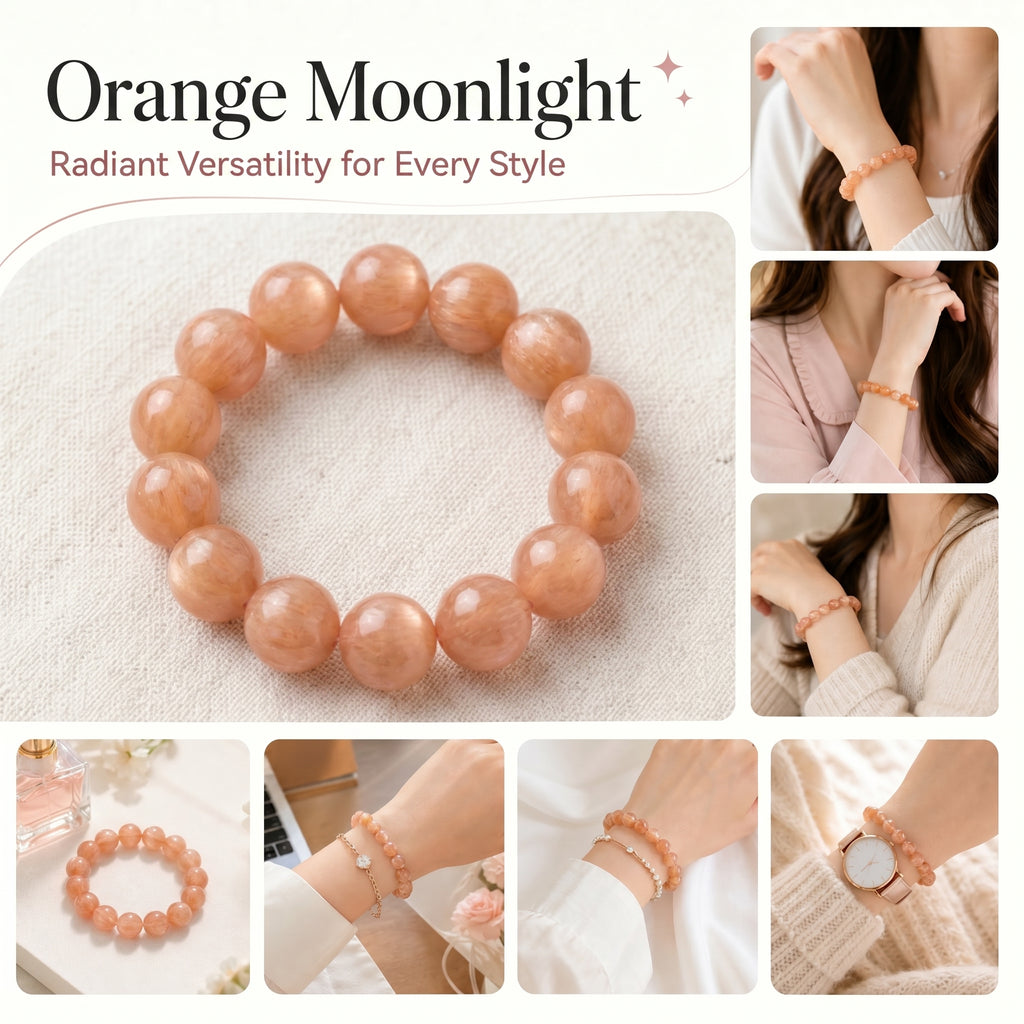 Premium Orange Moonstone Beaded Bracelet | Hand-Polished Natural Gemstone Jewelry for Inner Peace & Radiance