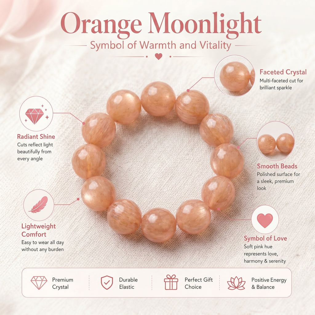 Premium Orange Moonstone Beaded Bracelet | Hand-Polished Natural Gemstone Jewelry for Inner Peace & Radiance