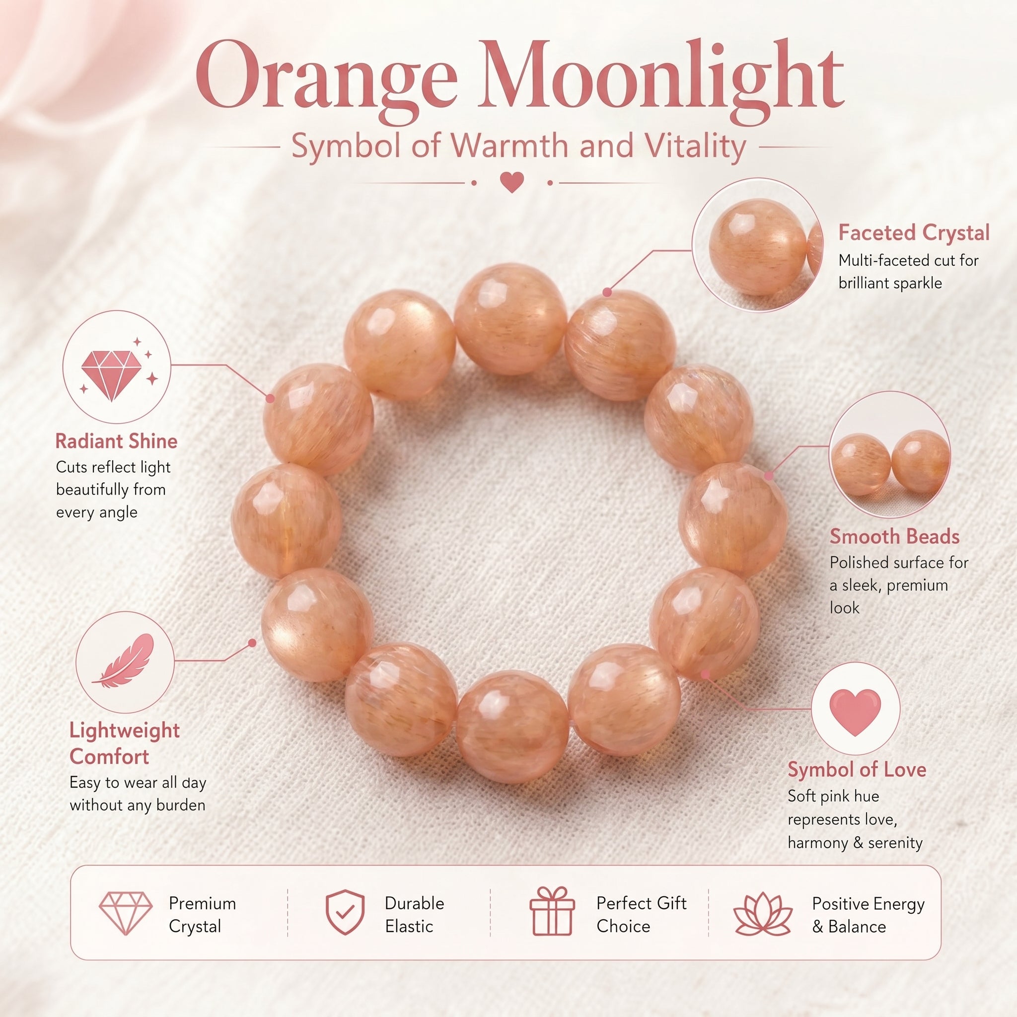 Premium Orange Moonstone Beaded Bracelet | Hand-Polished Natural Gemstone Jewelry for Inner Peace & Radiance
