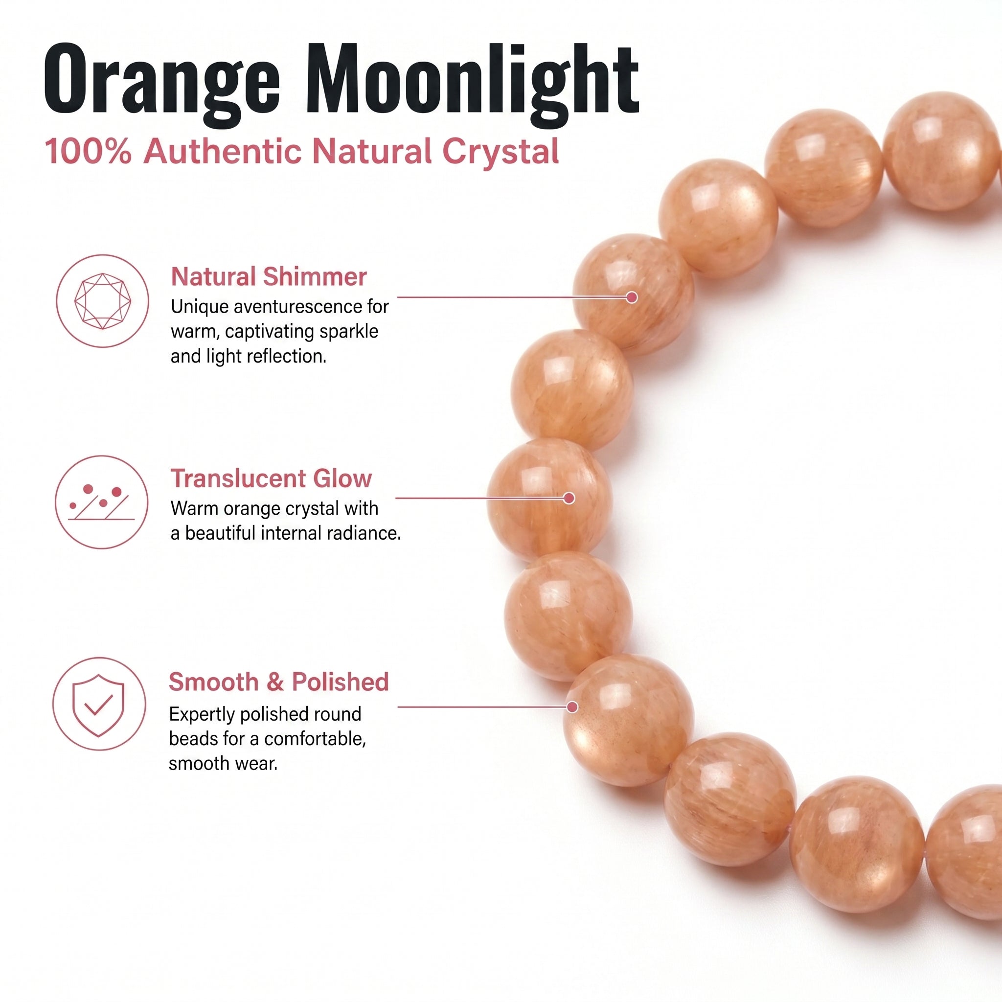 Premium Orange Moonstone Beaded Bracelet | Hand-Polished Natural Gemstone Jewelry for Inner Peace & Radiance