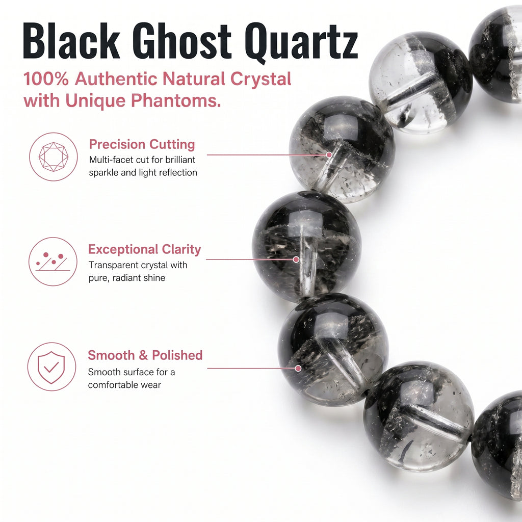 Premium Black Phantom Quartz Beaded Bracelet | Hand-Polished Natural Crystal Jewelry for Clarity & Protection