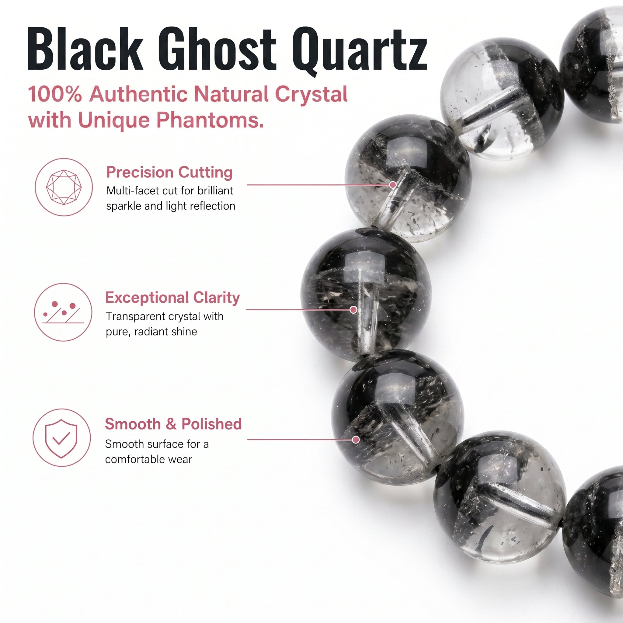 Premium Black Phantom Quartz Beaded Bracelet | Hand-Polished Natural Crystal Jewelry for Clarity & Protection