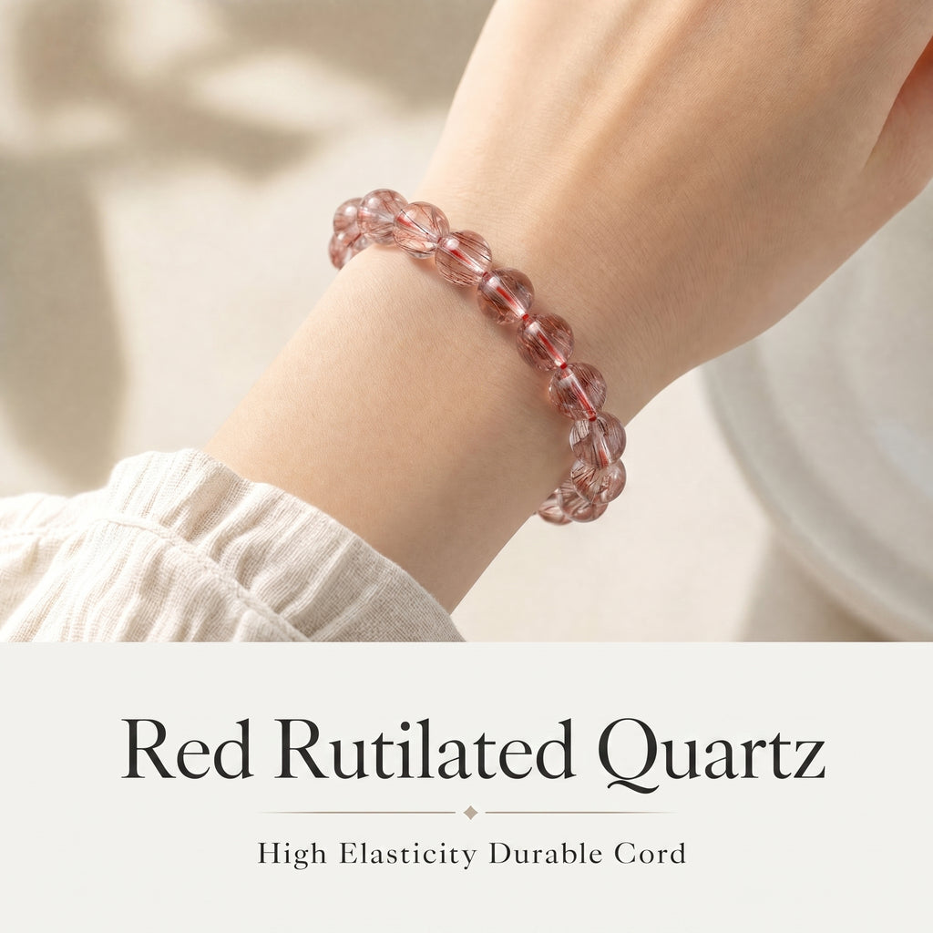 Premium Red Rutilated Quartz Beaded Bracelet | Hand-Polished Natural Gemstone Jewelry for Power & Prosperity