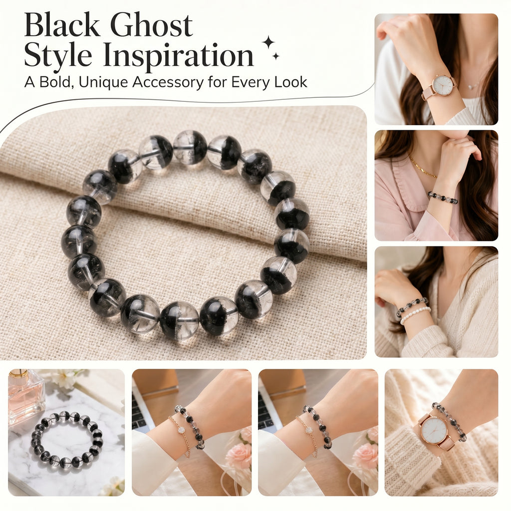 Premium Black Phantom Quartz Beaded Bracelet | Hand-Polished Natural Crystal Jewelry for Clarity & Protection
