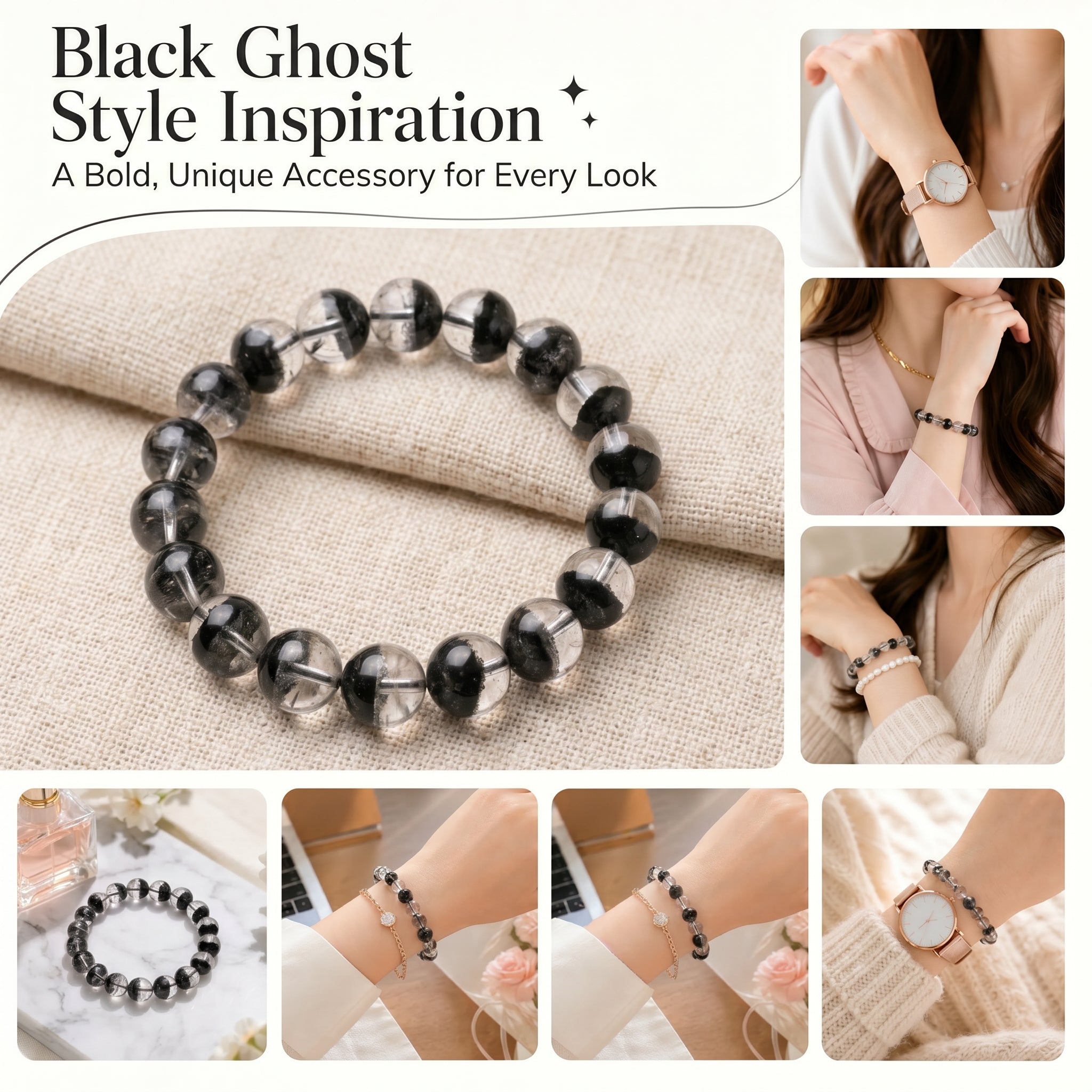 Premium Black Phantom Quartz Beaded Bracelet | Hand-Polished Natural Crystal Jewelry for Clarity & Protection