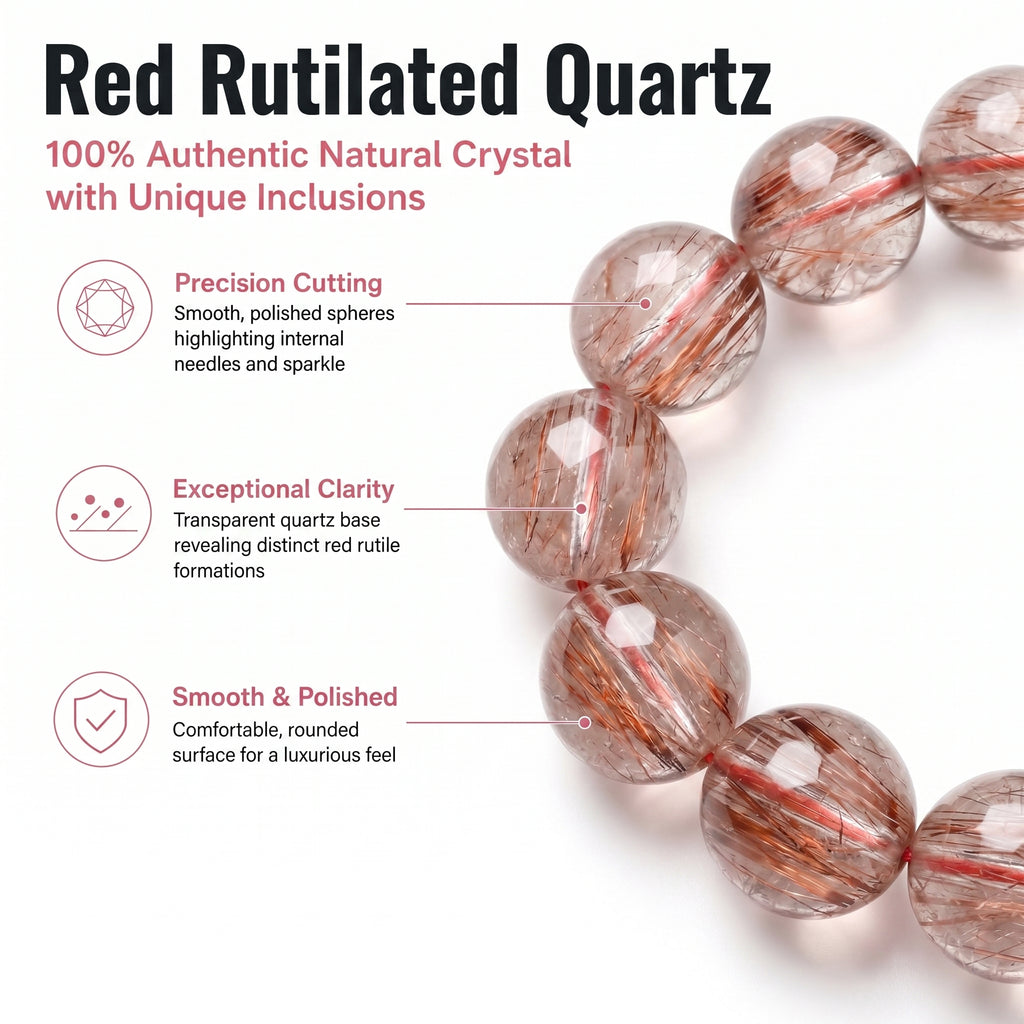 Premium Red Rutilated Quartz Beaded Bracelet | Hand-Polished Natural Gemstone Jewelry for Power & Prosperity