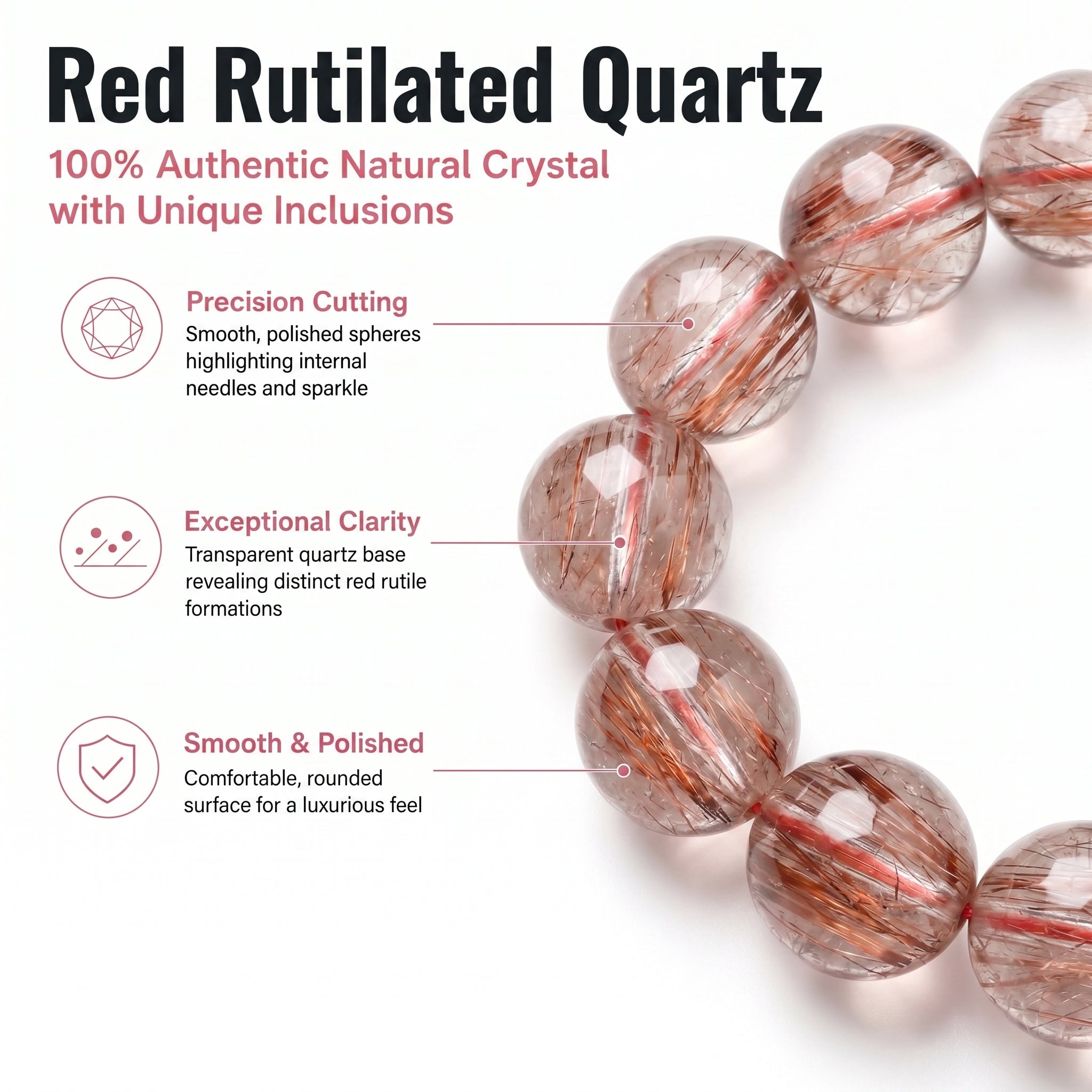 Premium Red Rutilated Quartz Beaded Bracelet | Hand-Polished Natural Gemstone Jewelry for Power & Prosperity