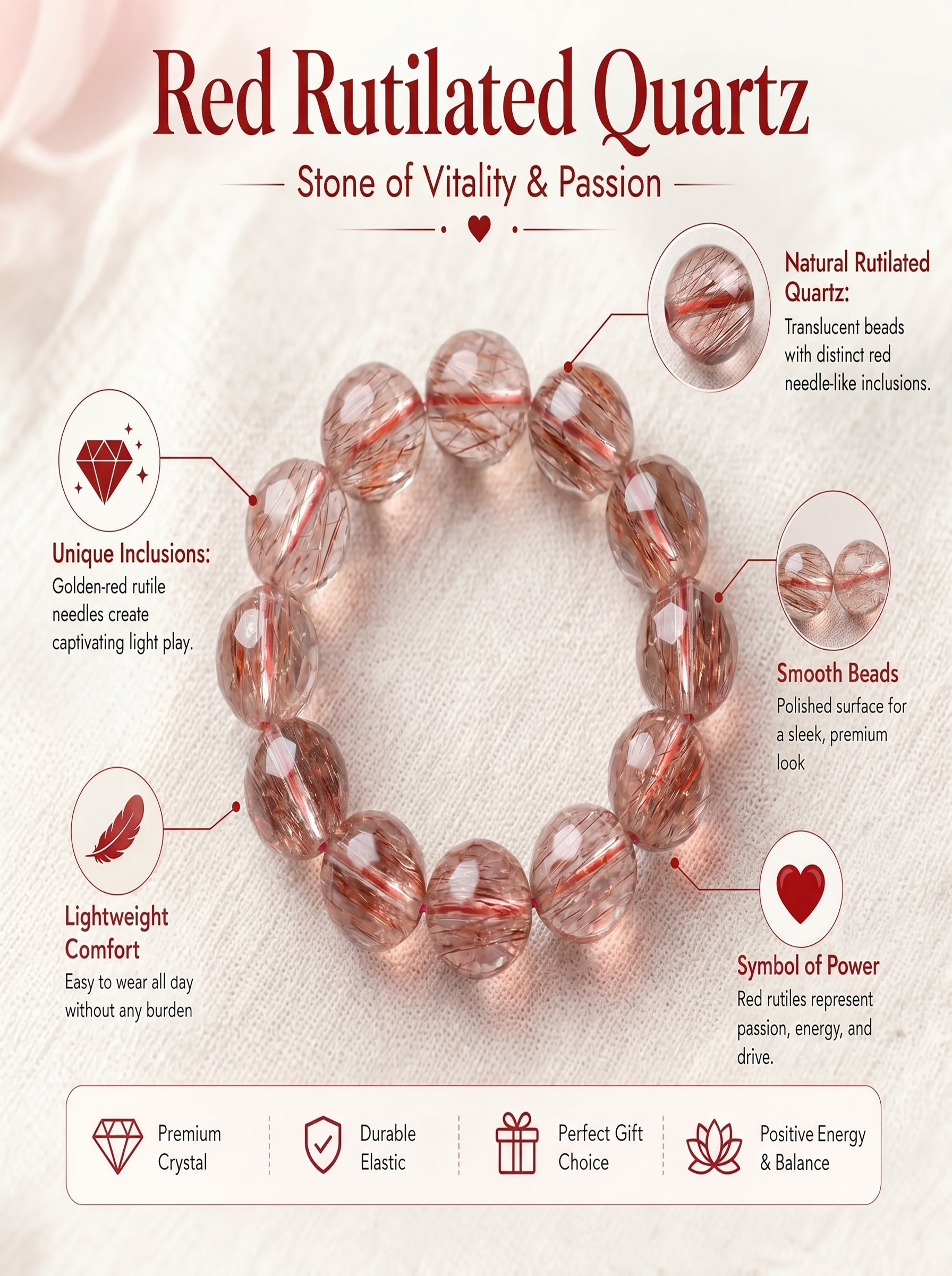 Premium Red Rutilated Quartz Beaded Bracelet | Hand-Polished Natural Gemstone Jewelry for Power & Prosperity