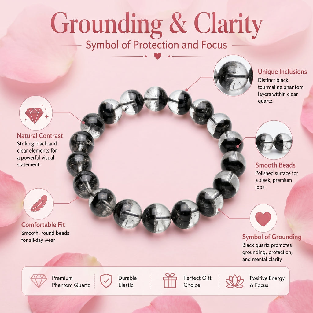 Premium Black Phantom Quartz Beaded Bracelet | Hand-Polished Natural Crystal Jewelry for Clarity & Protection
