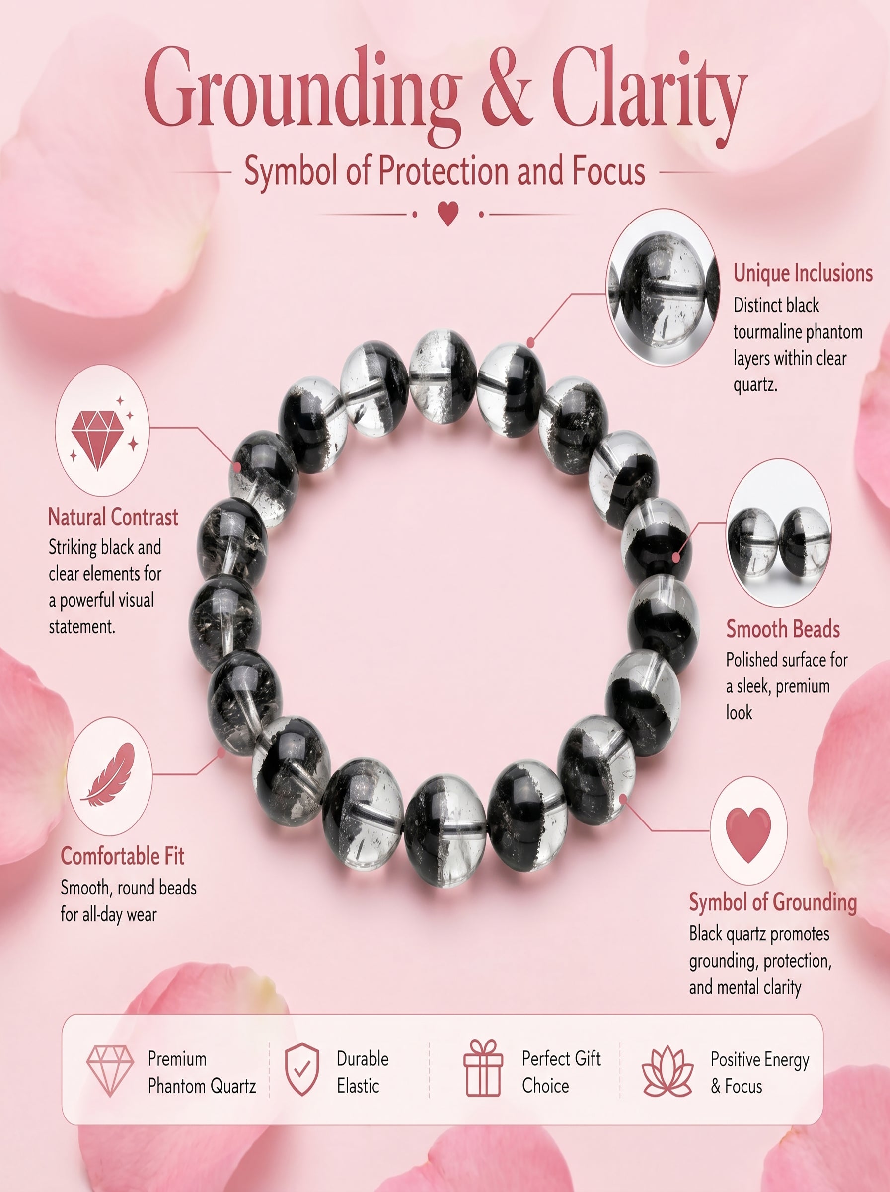 Premium Black Phantom Quartz Beaded Bracelet | Hand-Polished Natural Crystal Jewelry for Clarity & Protection