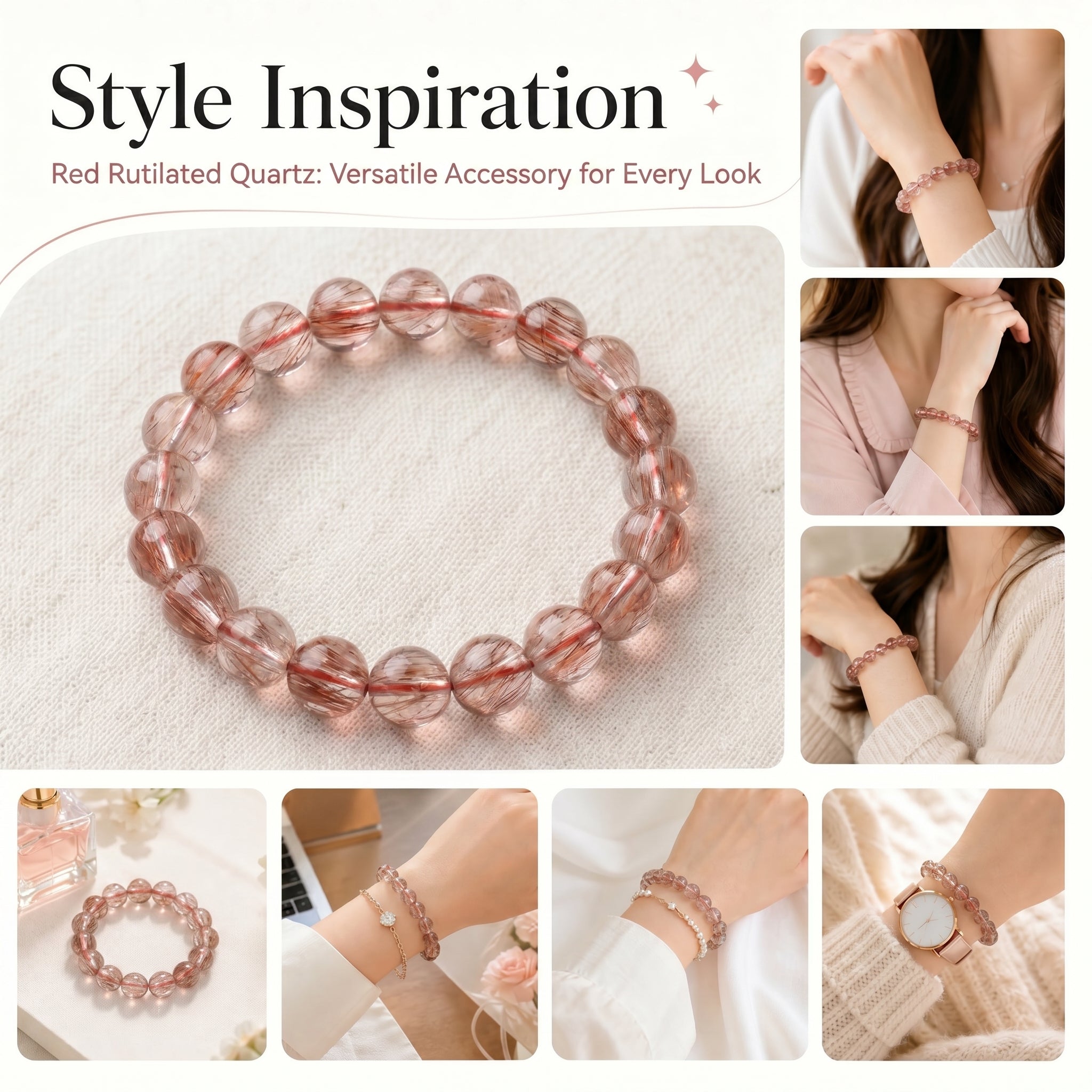 Premium Red Rutilated Quartz Beaded Bracelet | Hand-Polished Natural Gemstone Jewelry for Power & Prosperity