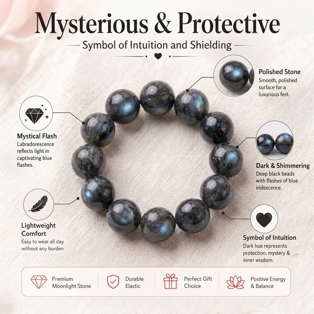 Premium Black Moonstone Beaded Bracelet | Hand-Polished Natural Gemstone Jewelry for Protection & Intuition