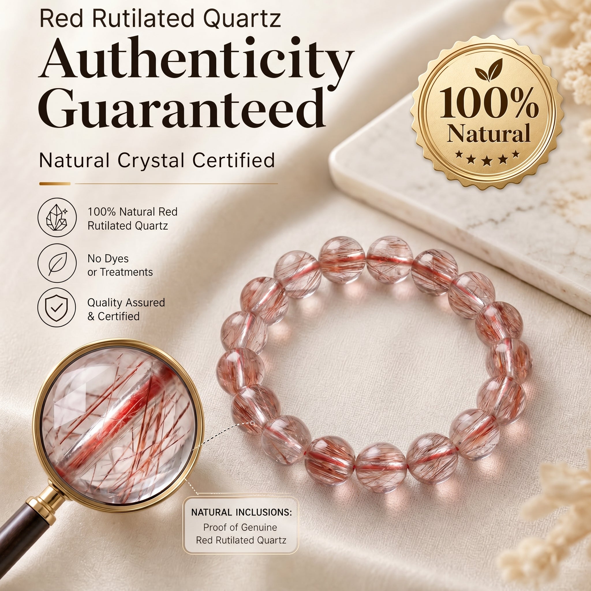 Premium Red Rutilated Quartz Beaded Bracelet | Hand-Polished Natural Gemstone Jewelry for Power & Prosperity