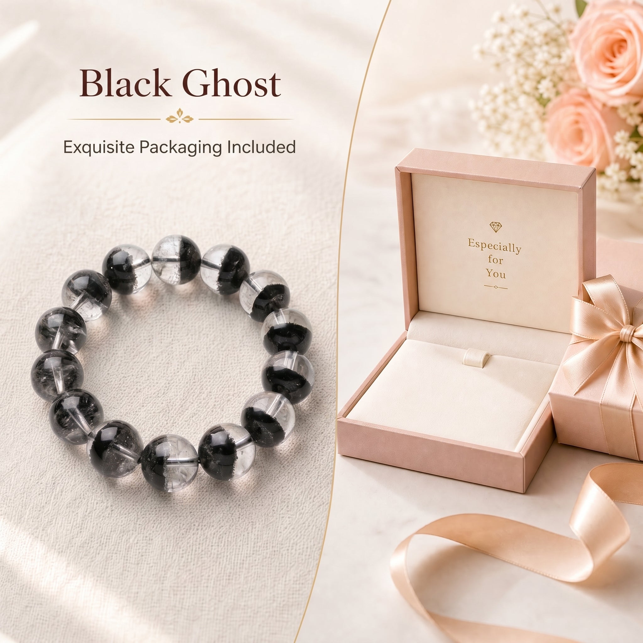 Premium Black Phantom Quartz Beaded Bracelet | Hand-Polished Natural Crystal Jewelry for Clarity & Protection