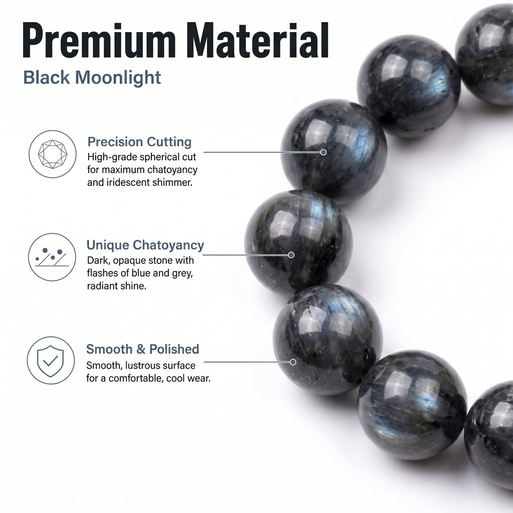 Premium Black Moonstone Beaded Bracelet | Hand-Polished Natural Gemstone Jewelry for Protection & Intuition