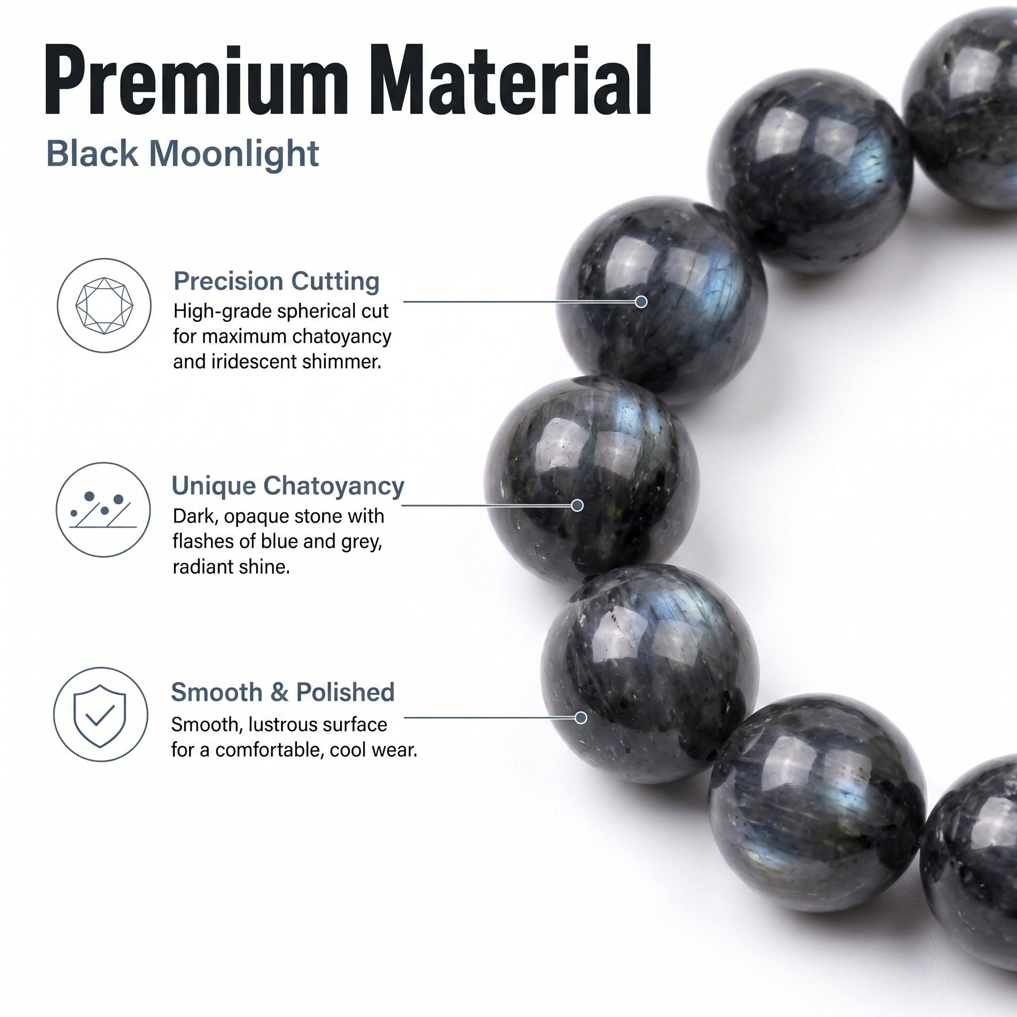Premium Black Moonstone Beaded Bracelet | Hand-Polished Natural Gemstone Jewelry for Protection & Intuition