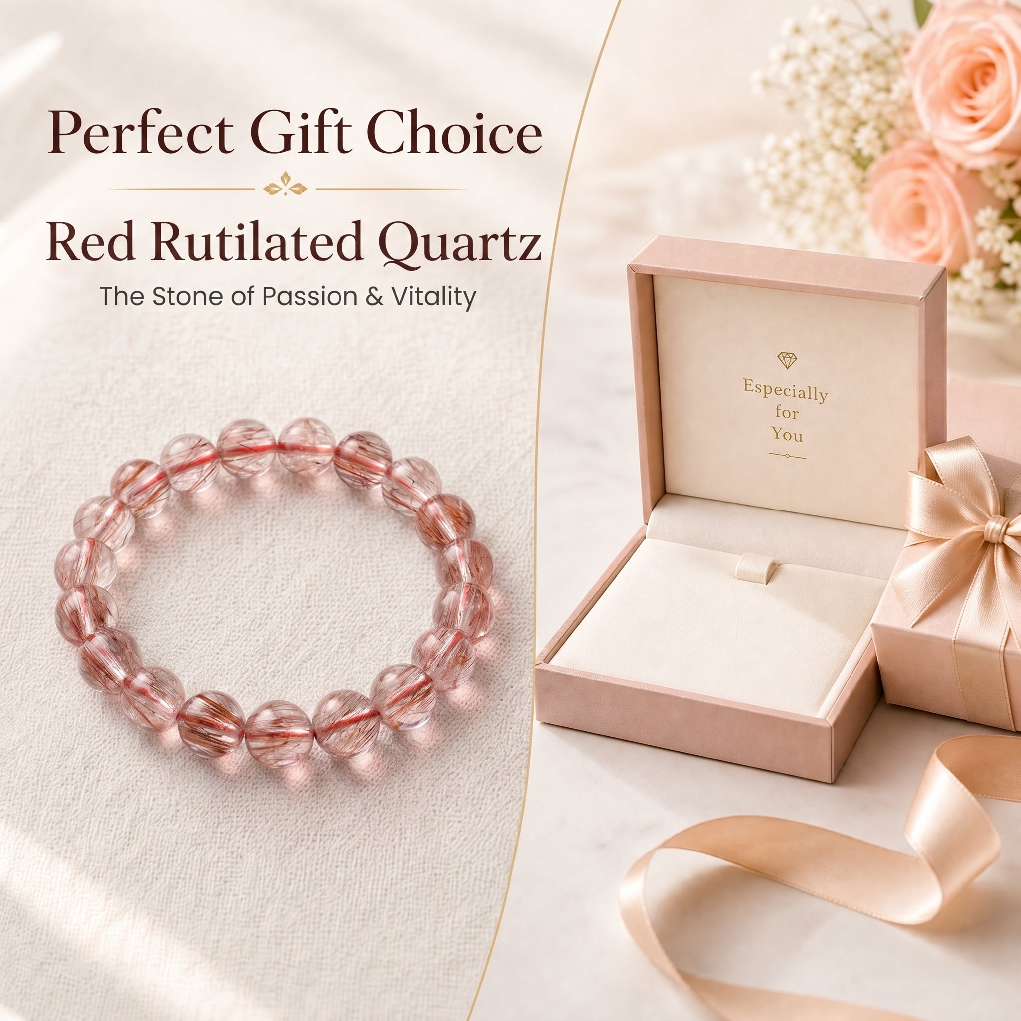 Premium Red Rutilated Quartz Beaded Bracelet | Hand-Polished Natural Gemstone Jewelry for Power & Prosperity