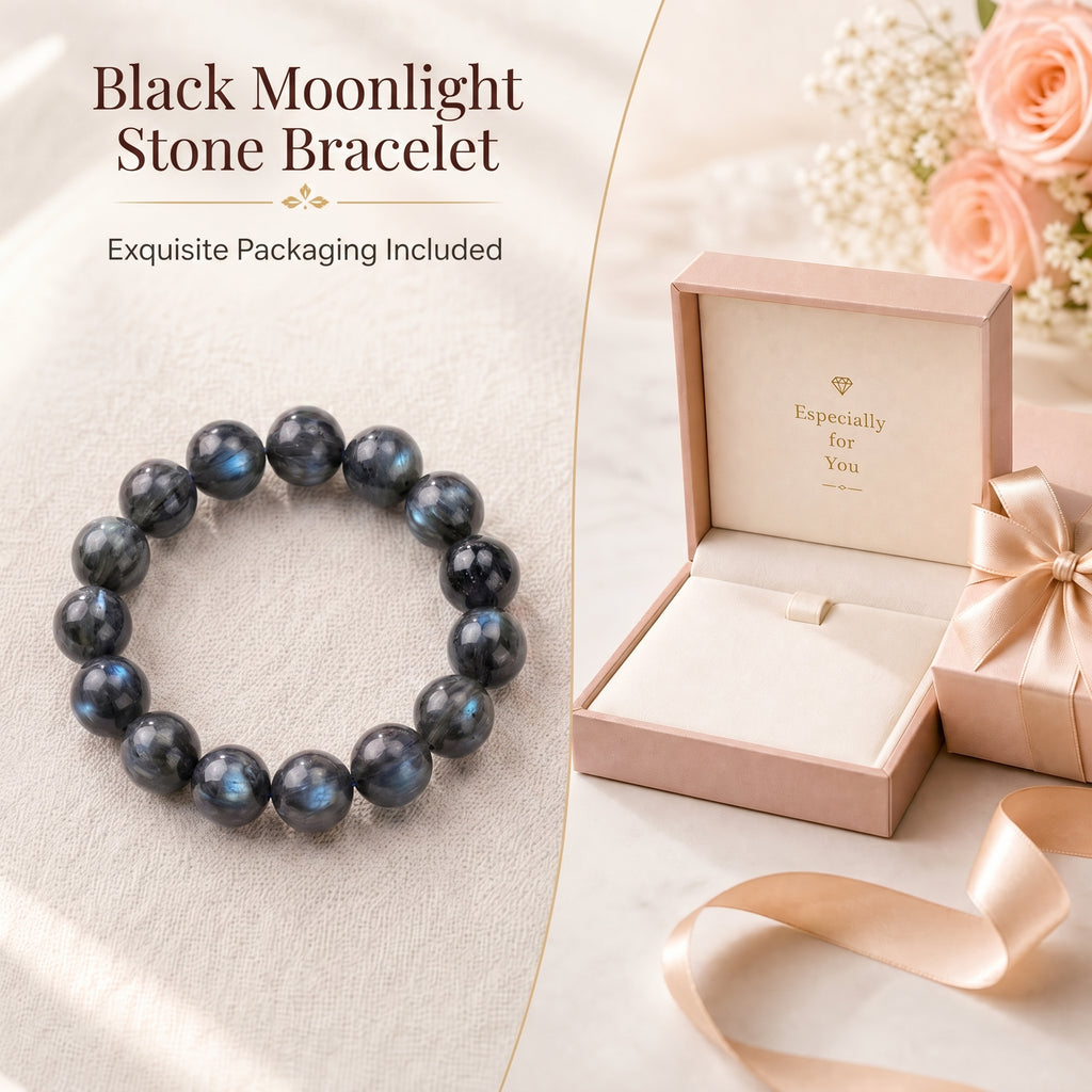 Premium Black Moonstone Beaded Bracelet | Hand-Polished Natural Gemstone Jewelry for Protection & Intuition