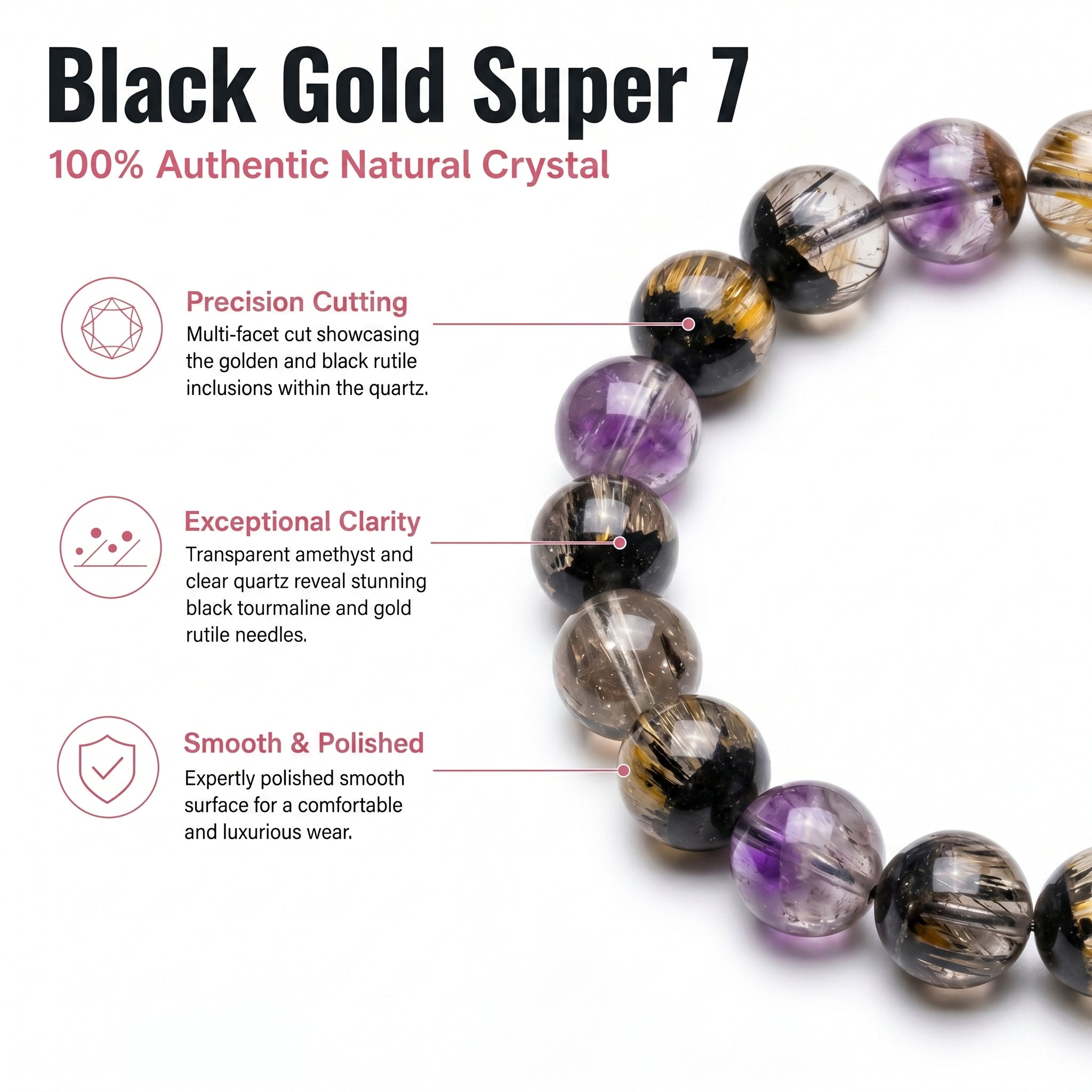 Premium Black Gold Super Seven Beaded Bracelet | Hand-Polished Natural Gemstone Jewelry for Wisdom & Balance