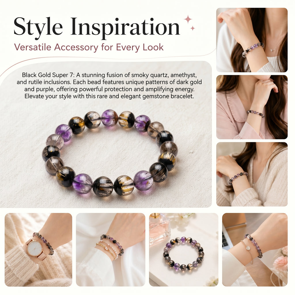 Premium Black Gold Super Seven Beaded Bracelet | Hand-Polished Natural Gemstone Jewelry for Wisdom & Balance