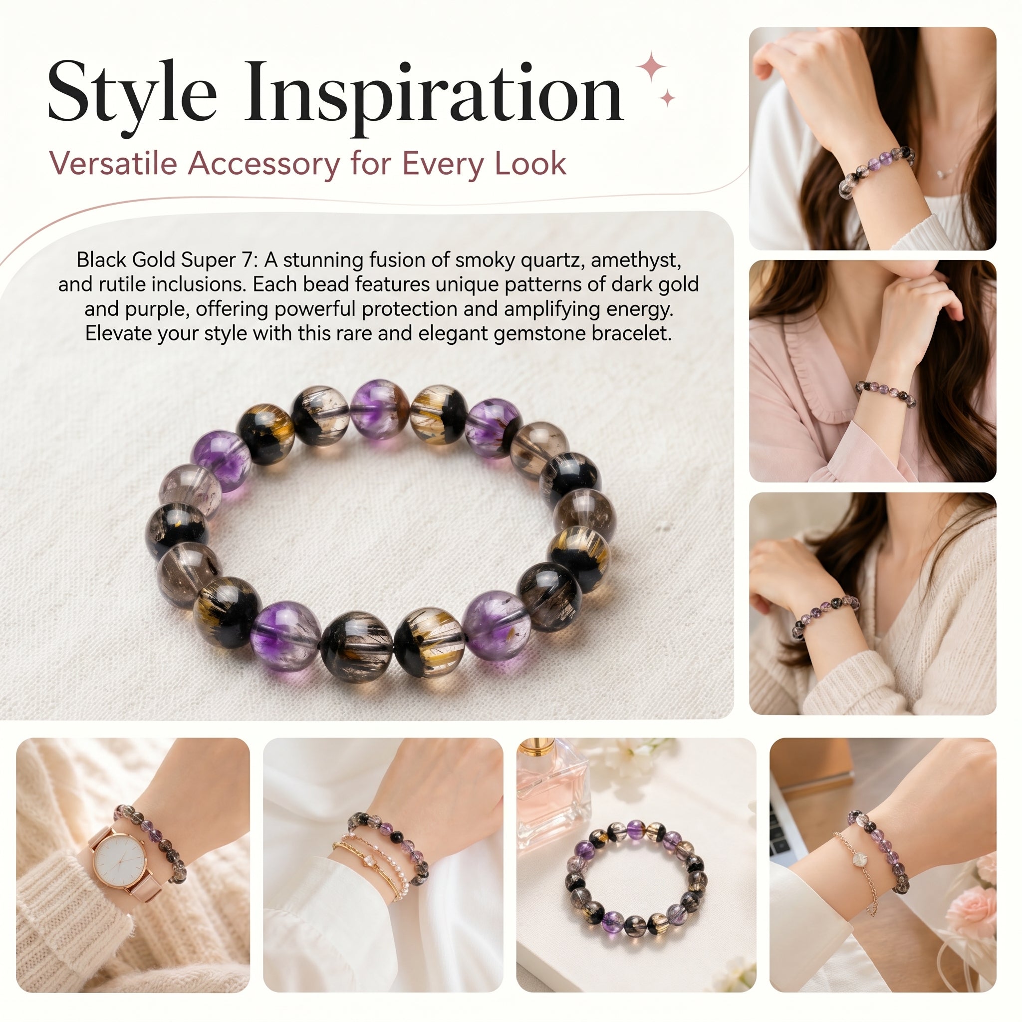 Premium Black Gold Super Seven Beaded Bracelet | Hand-Polished Natural Gemstone Jewelry for Wisdom & Balance