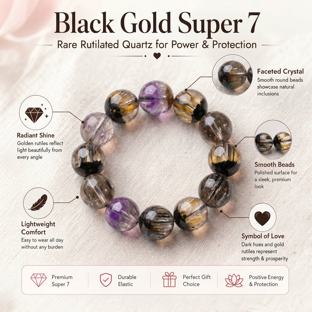 Premium Black Gold Super Seven Beaded Bracelet | Hand-Polished Natural Gemstone Jewelry for Wisdom & Balance