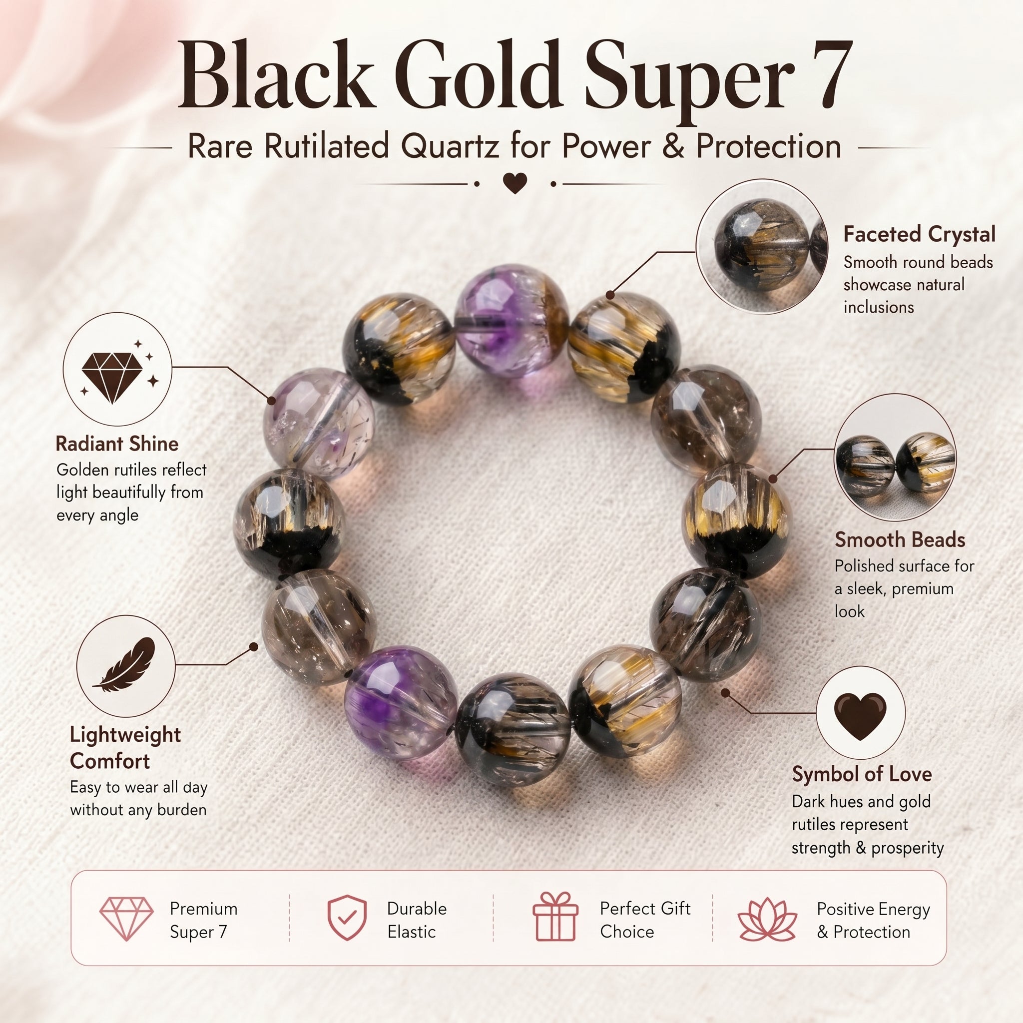 Premium Black Gold Super Seven Beaded Bracelet | Hand-Polished Natural Gemstone Jewelry for Wisdom & Balance