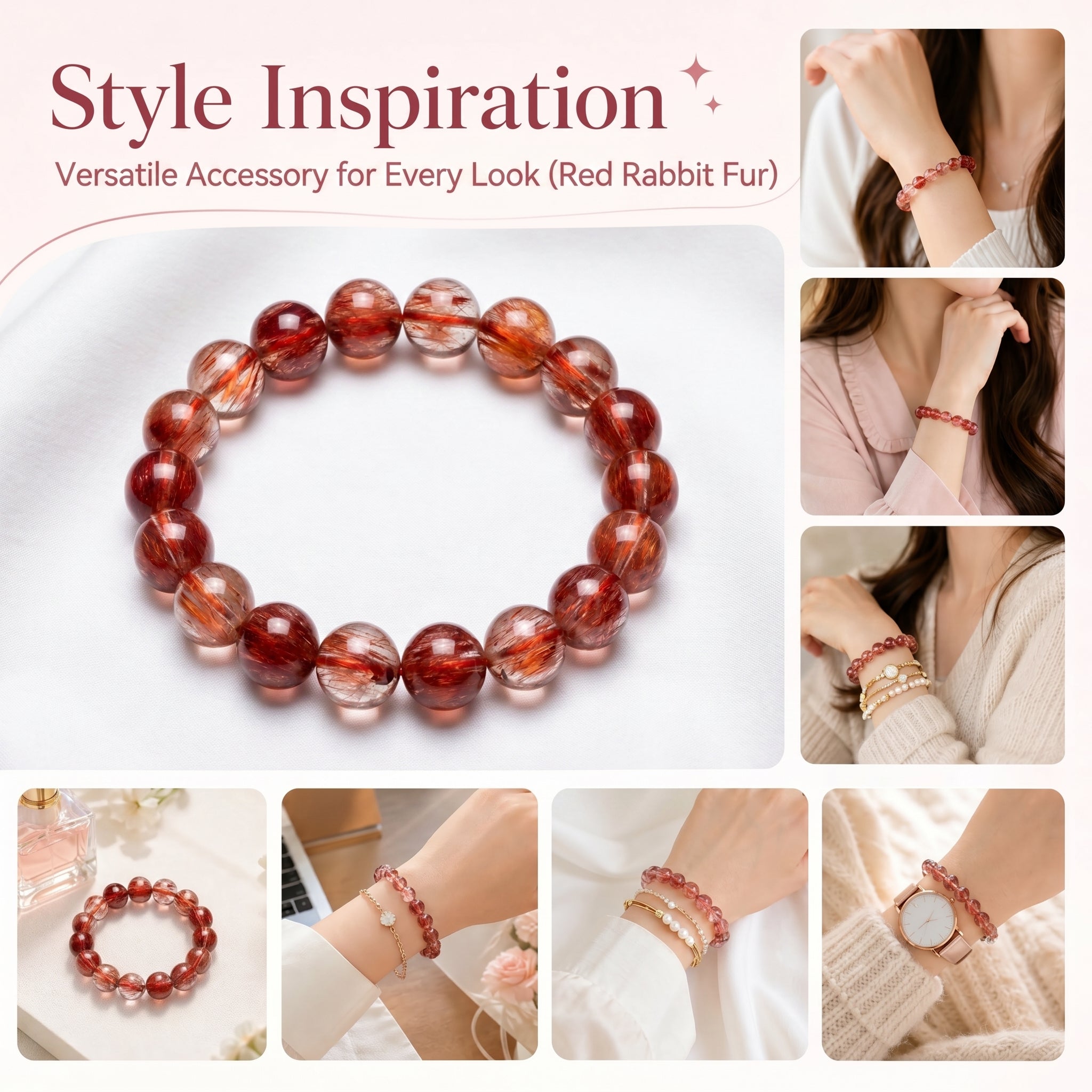 Premium Red Rabbit Hair Quartz Beaded Bracelet | Hand-Polished Natural Gemstone Jewelry for Energy & Radiance