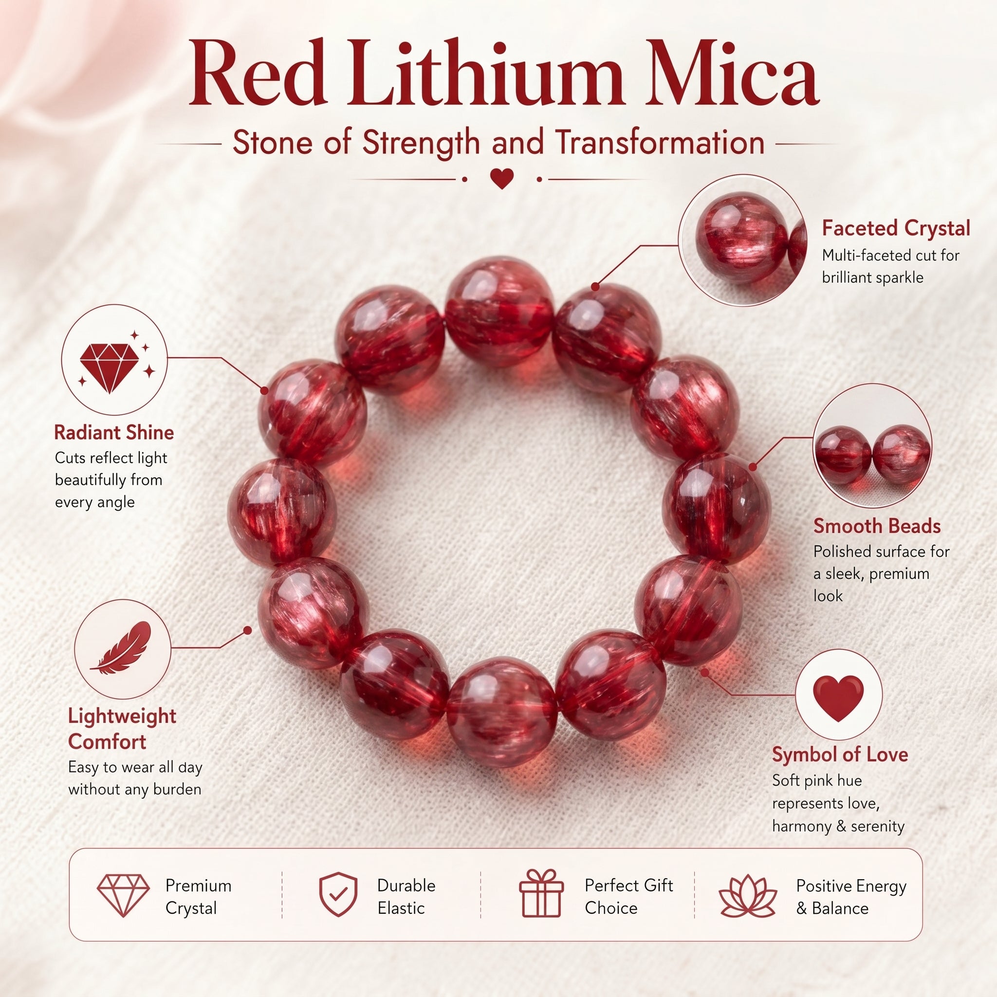 Premium Red Lepidolite Beaded Bracelet | Hand-Polished Natural Gemstone Jewelry for Love & Harmony