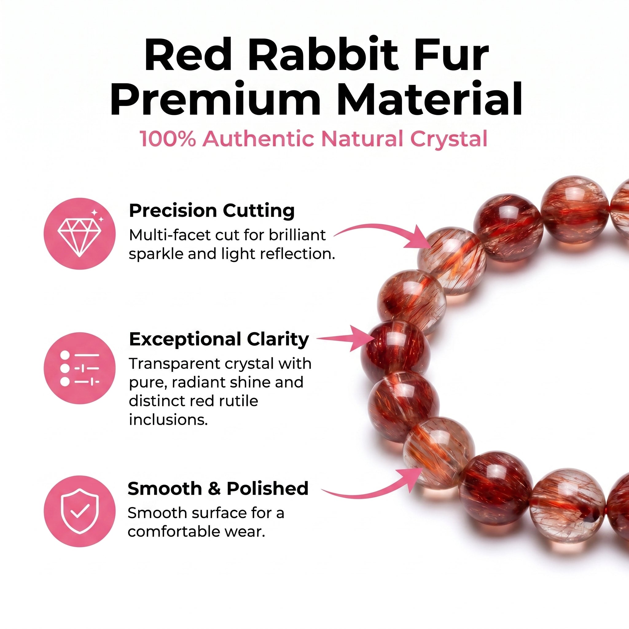 Premium Red Rabbit Hair Quartz Beaded Bracelet | Hand-Polished Natural Gemstone Jewelry for Energy & Radiance