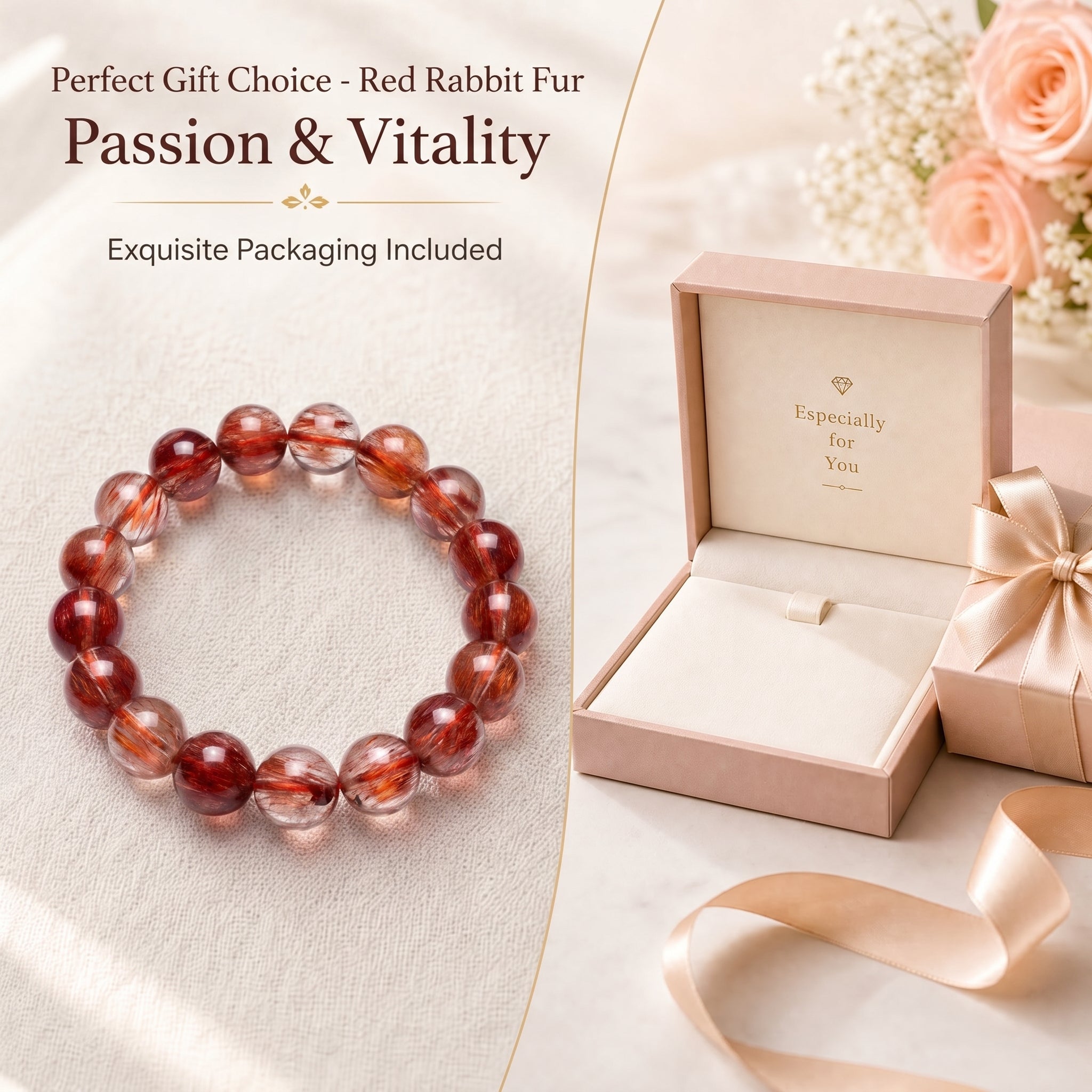 Premium Red Rabbit Hair Quartz Beaded Bracelet | Hand-Polished Natural Gemstone Jewelry for Energy & Radiance