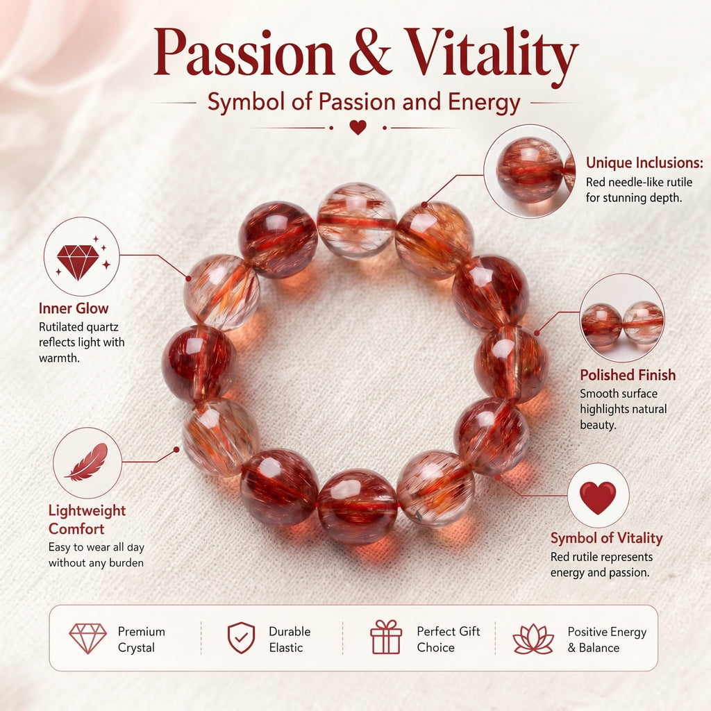 Premium Red Rabbit Hair Quartz Beaded Bracelet | Hand-Polished Natural Gemstone Jewelry for Energy & Radiance