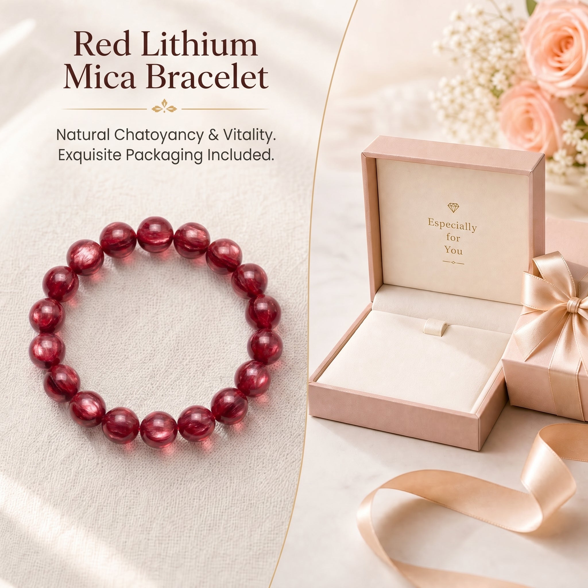Premium Red Lepidolite Beaded Bracelet | Hand-Polished Natural Gemstone Jewelry for Love & Harmony
