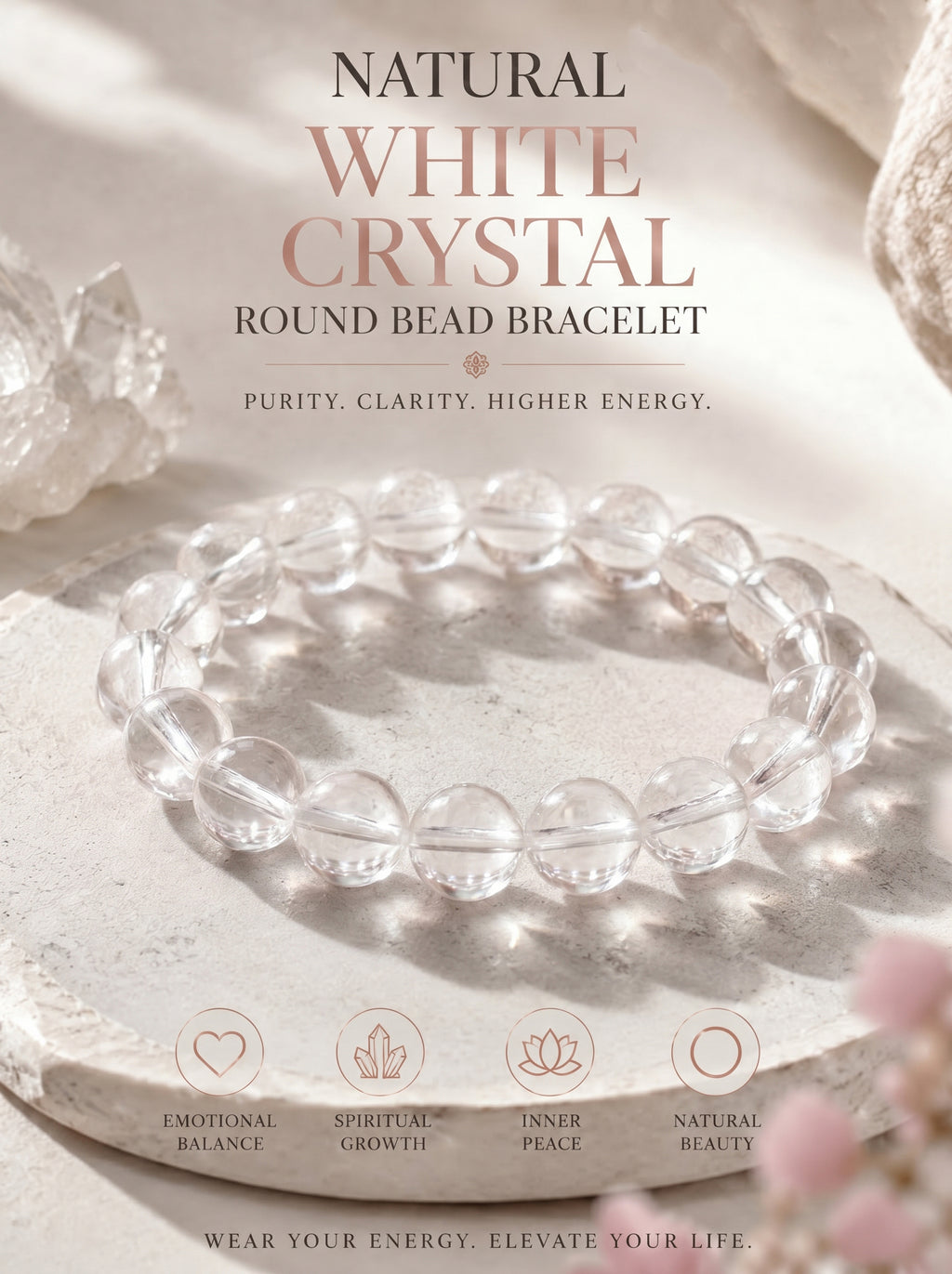 Premium Clear Quartz Beaded Bracelet | Hand-Polished Natural Gemstone Jewelry for Mindfulness & Balance