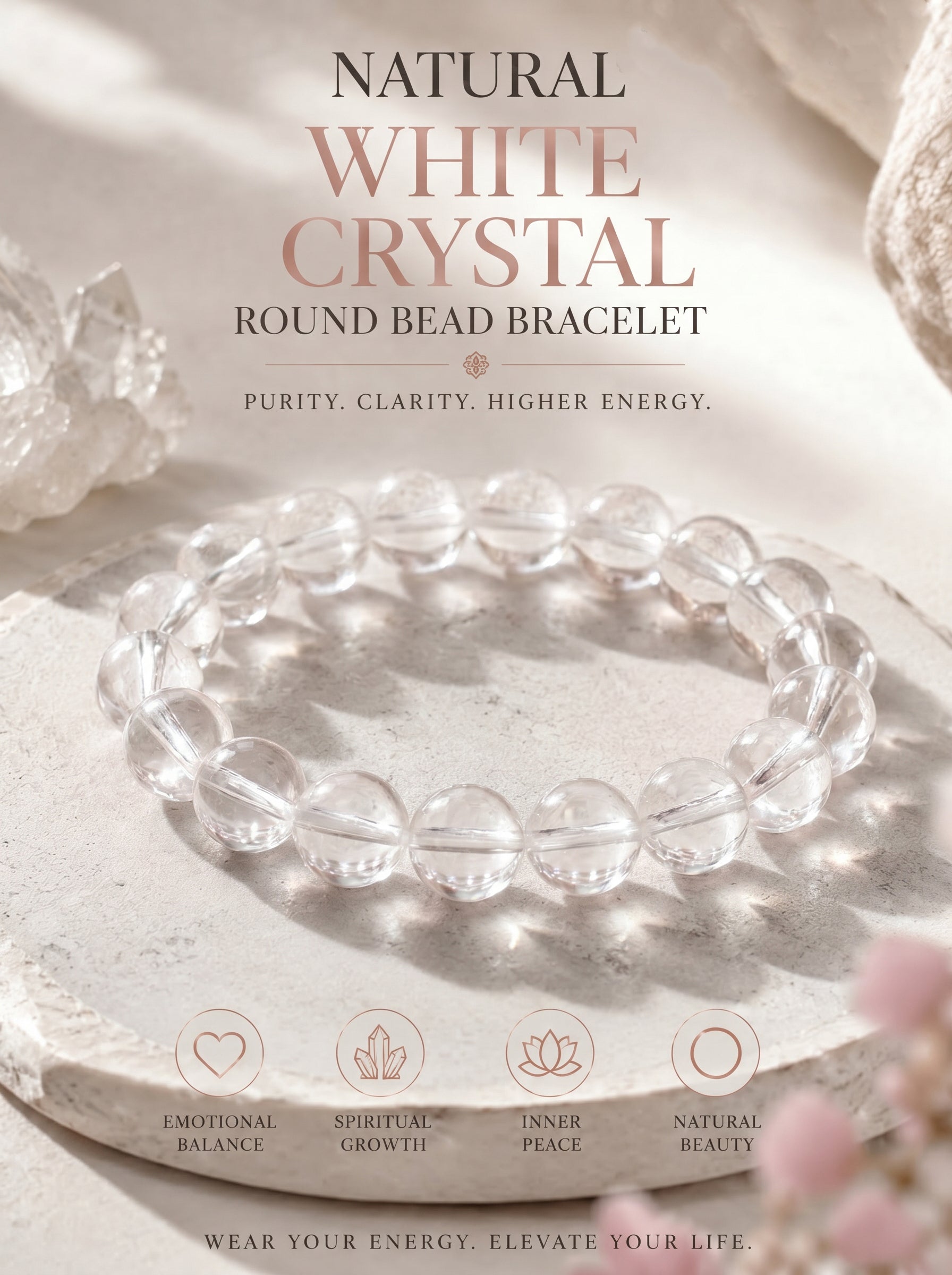 Premium Clear Quartz Beaded Bracelet | Hand-Polished Natural Gemstone Jewelry for Mindfulness & Balance