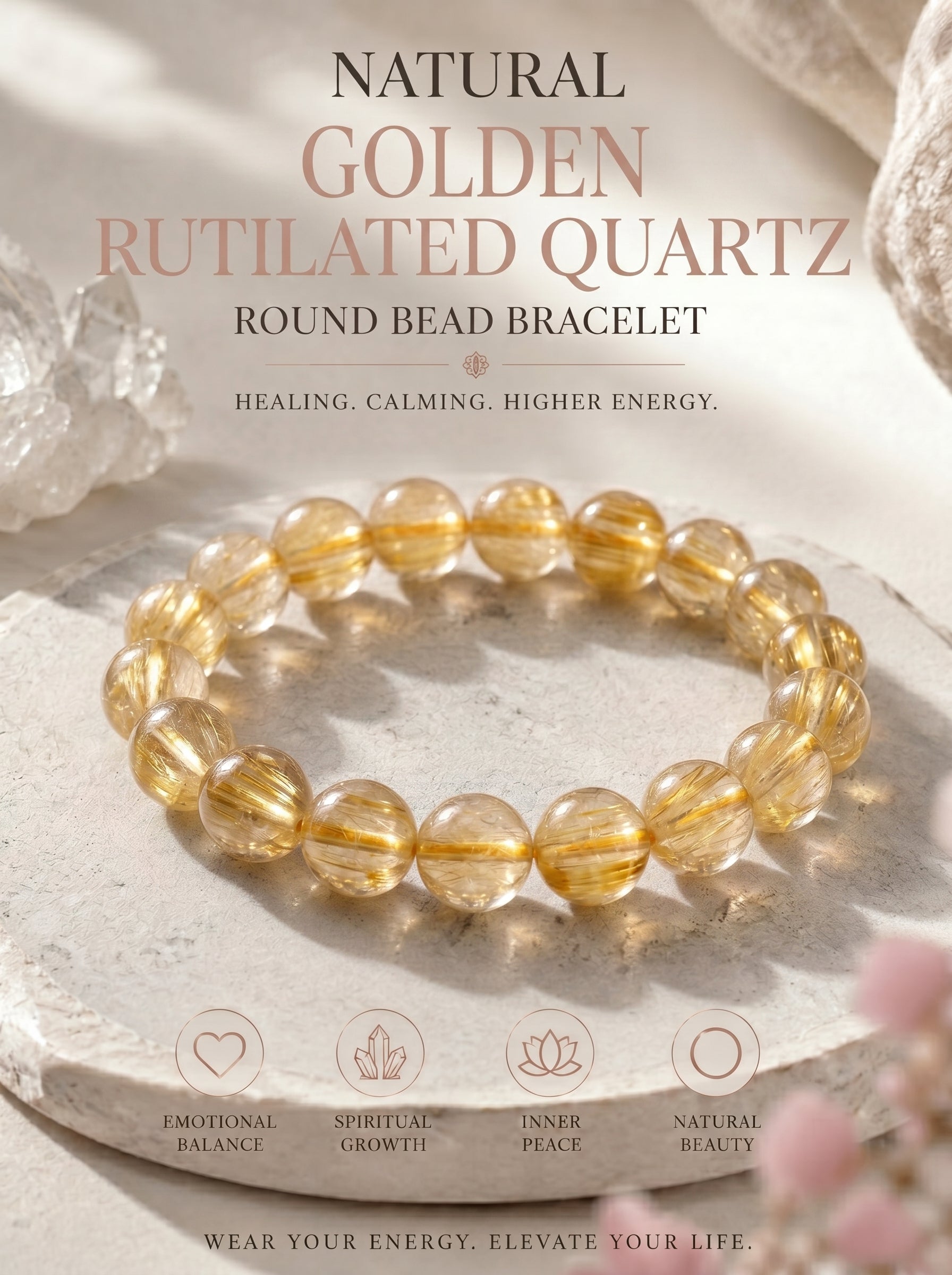 Premium Golden Rutilated Quartz Beaded Bracelet | Hand-Polished Natural Gemstone Jewelry for Abundance & Success