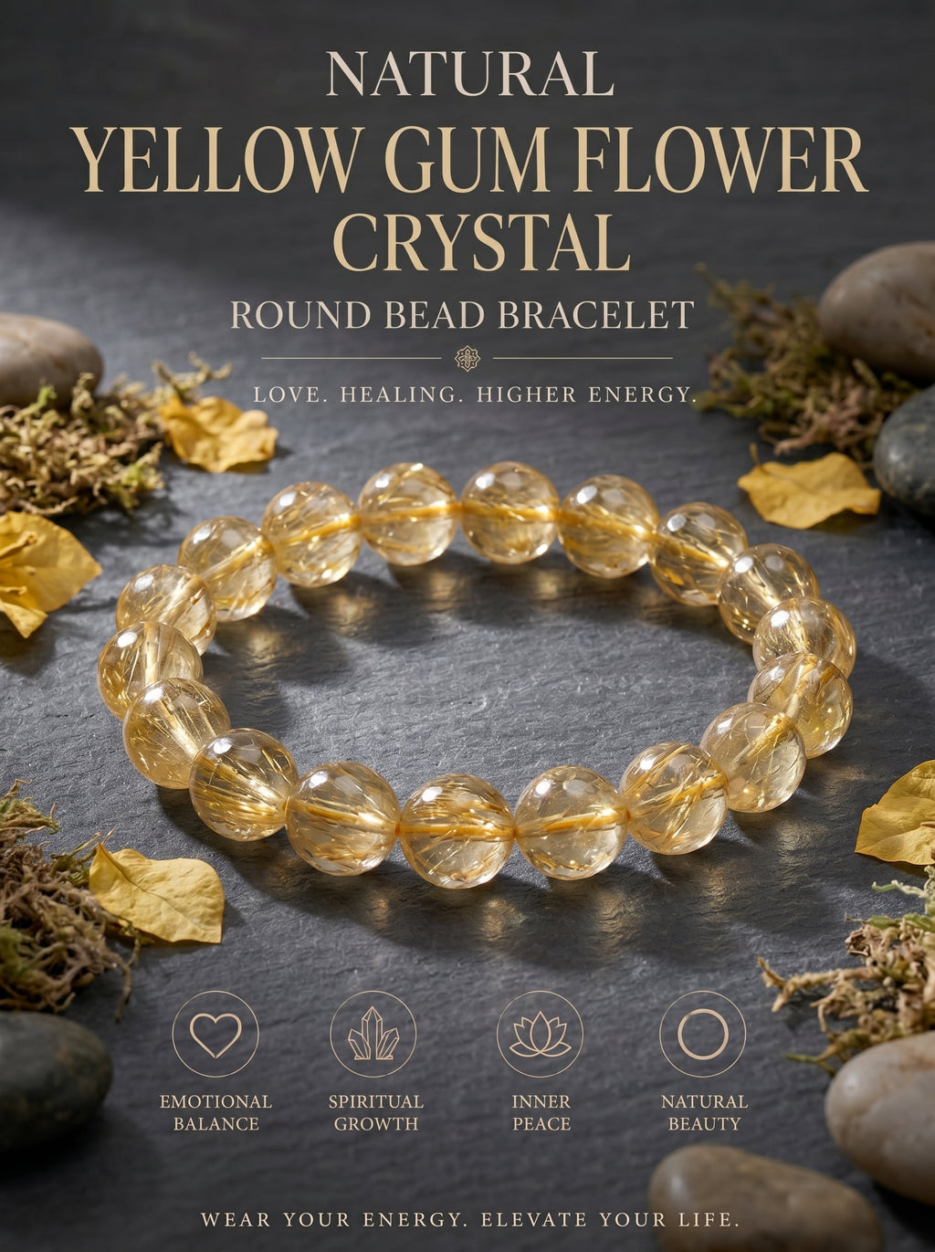 Premium Yellow Hematoid Quartz Beaded Bracelet | Hand-Polished Natural Gemstone Jewelry for Energy & Manifestation