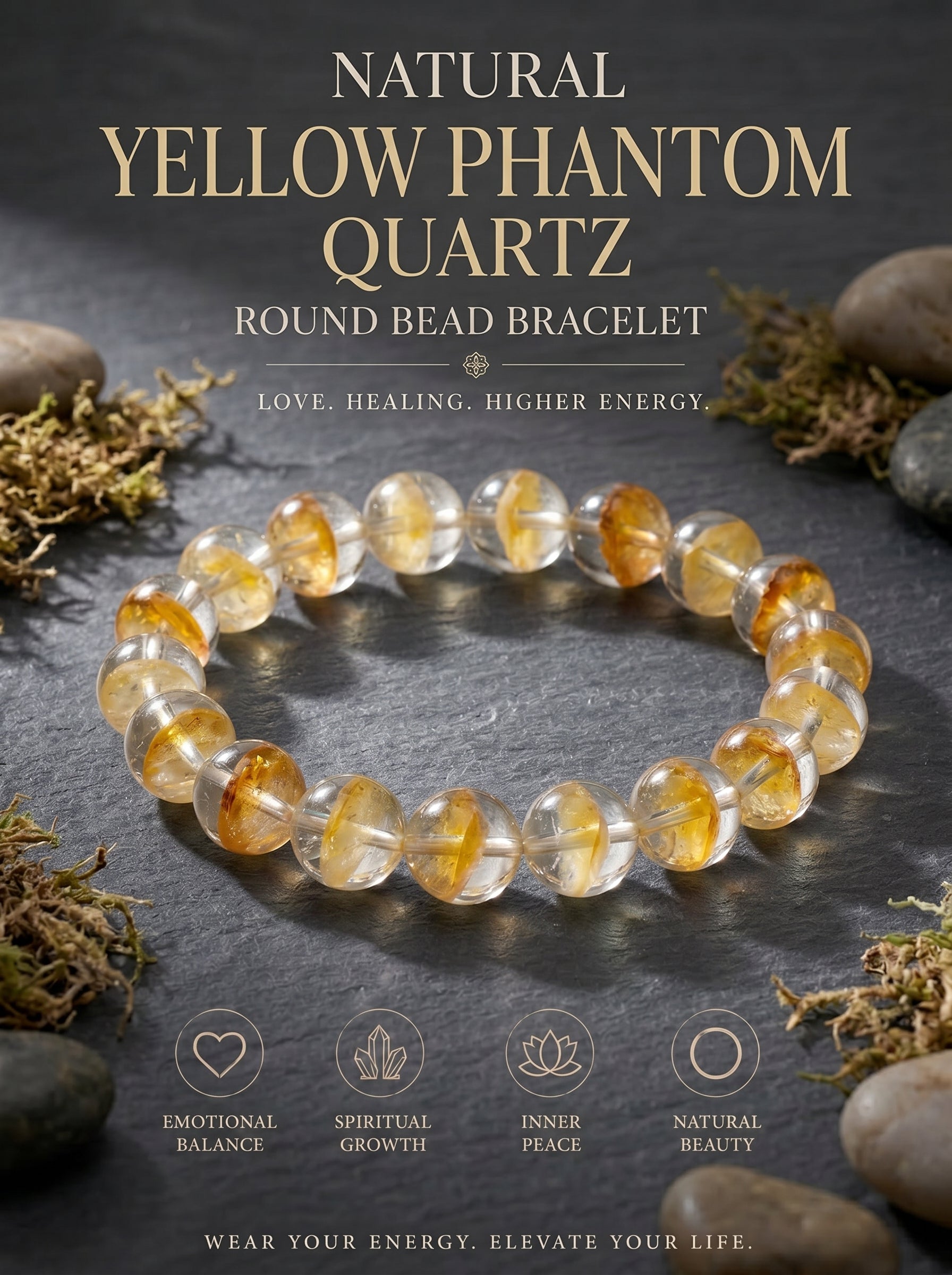 Premium Yellow Phantom Quartz Beaded Bracelet | Hand-Polished Natural Crystal Jewelry for Abundance & Success
