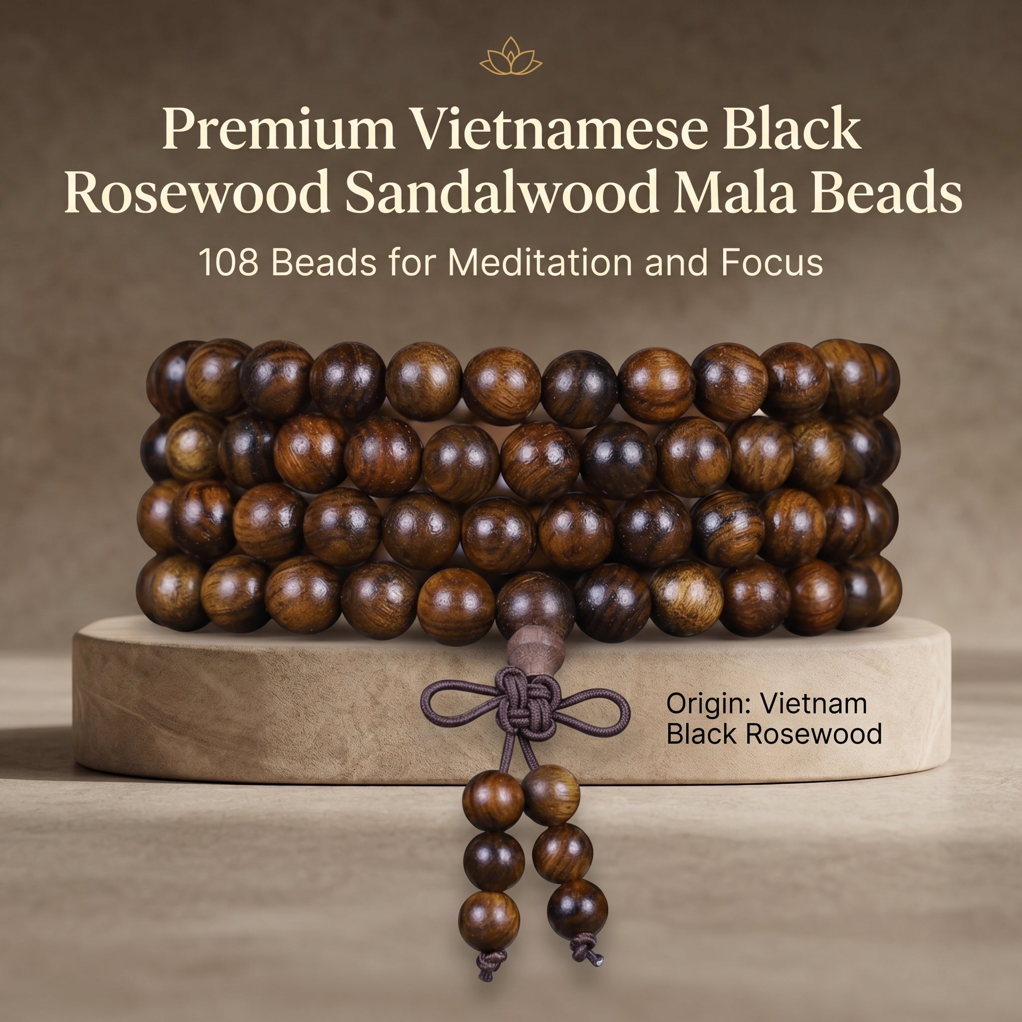 Natural Vietnamese Black Rosewood Traditional Chinese Prayer Beads (Artisanal Meditation Edition)