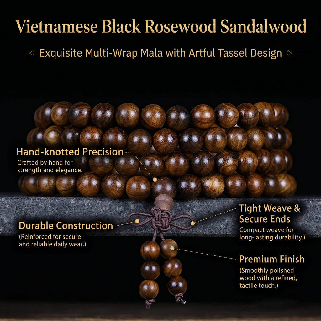 Natural Vietnamese Black Rosewood Traditional Chinese Prayer Beads (Artisanal Meditation Edition)
