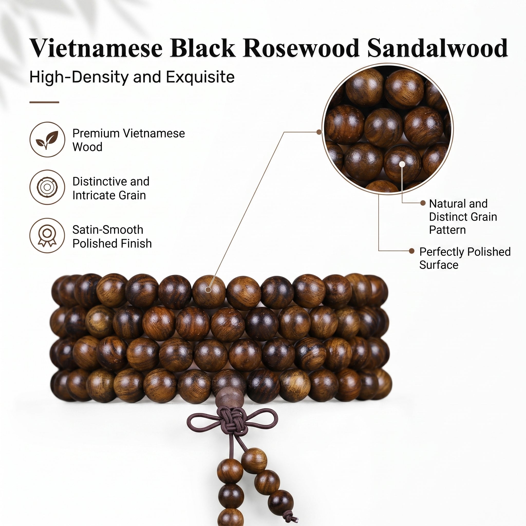 Natural Vietnamese Black Rosewood Traditional Chinese Prayer Beads (Artisanal Meditation Edition)